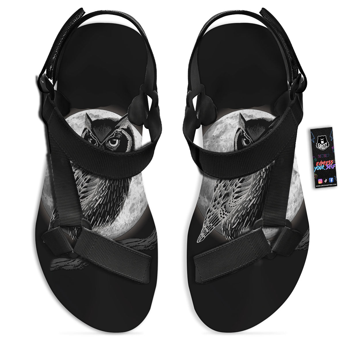 Night Owl Full Moon Print Black Open Toe Sandals-grizzshop
