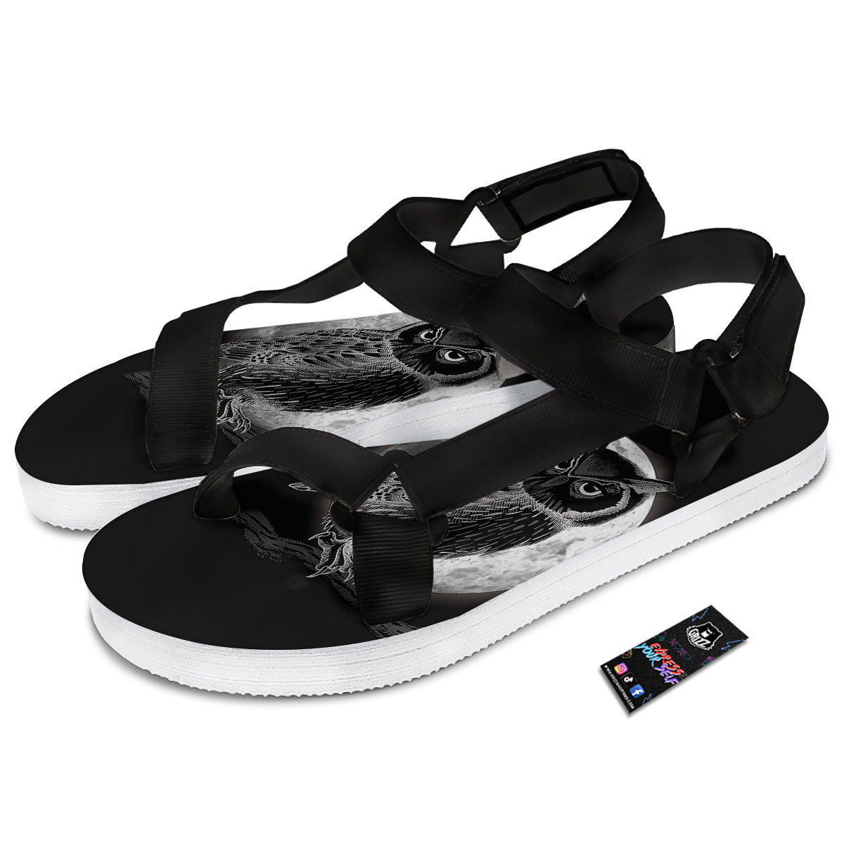 Night Owl Full Moon Print Black Open Toe Sandals-grizzshop