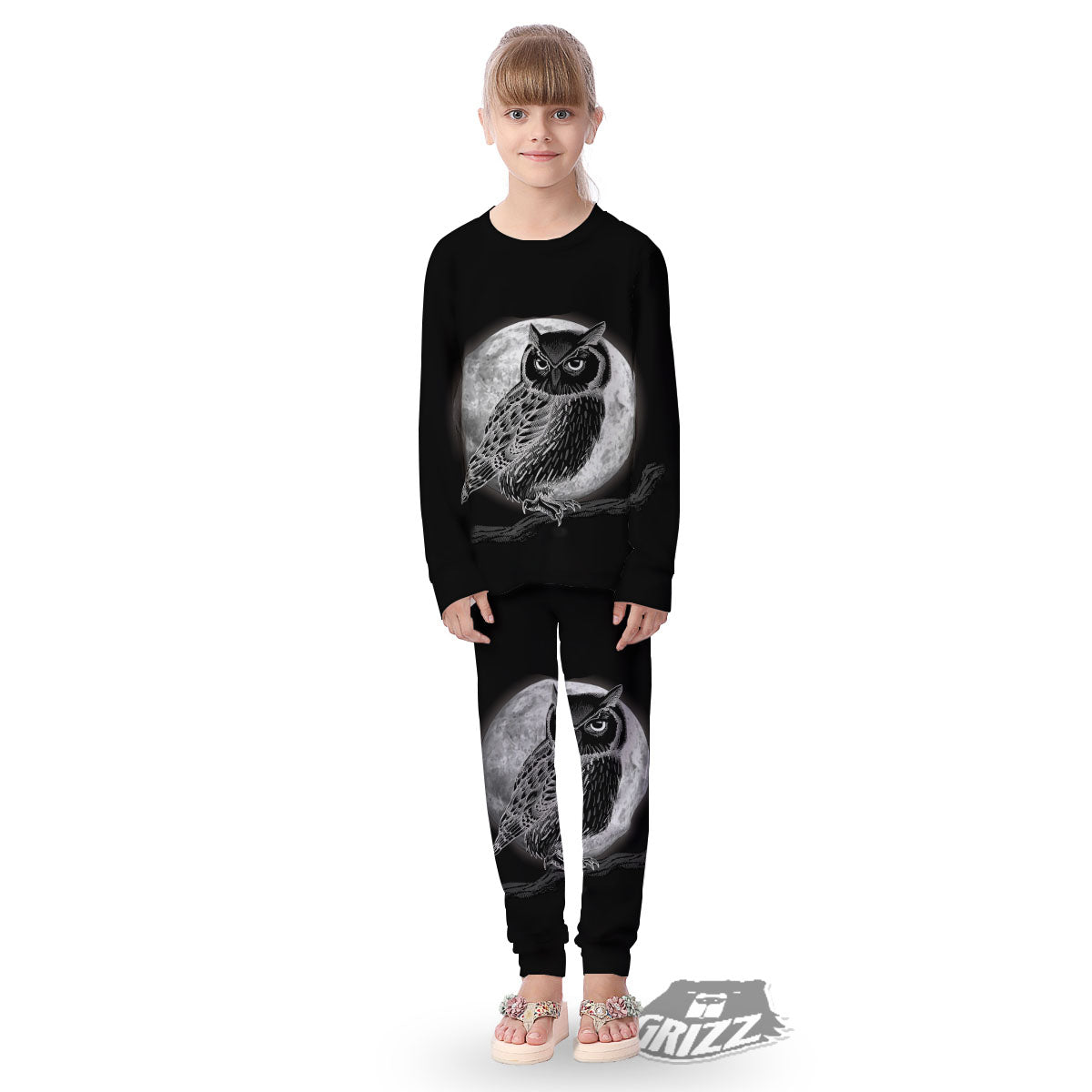 Night Owl Full Moon Print Kid's Pajamas-grizzshop