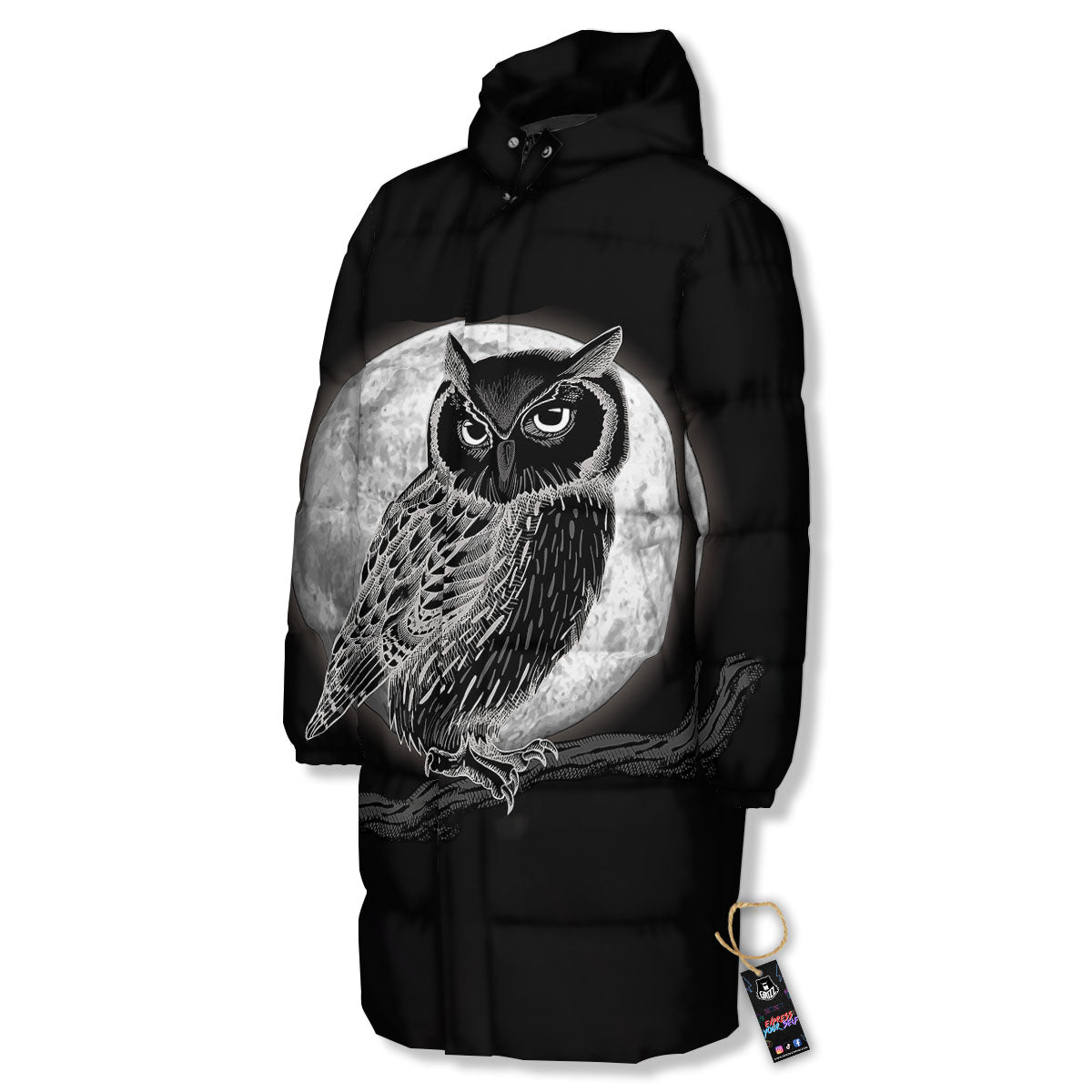 Night Owl Full Moon Print Long Down Jacket-grizzshop