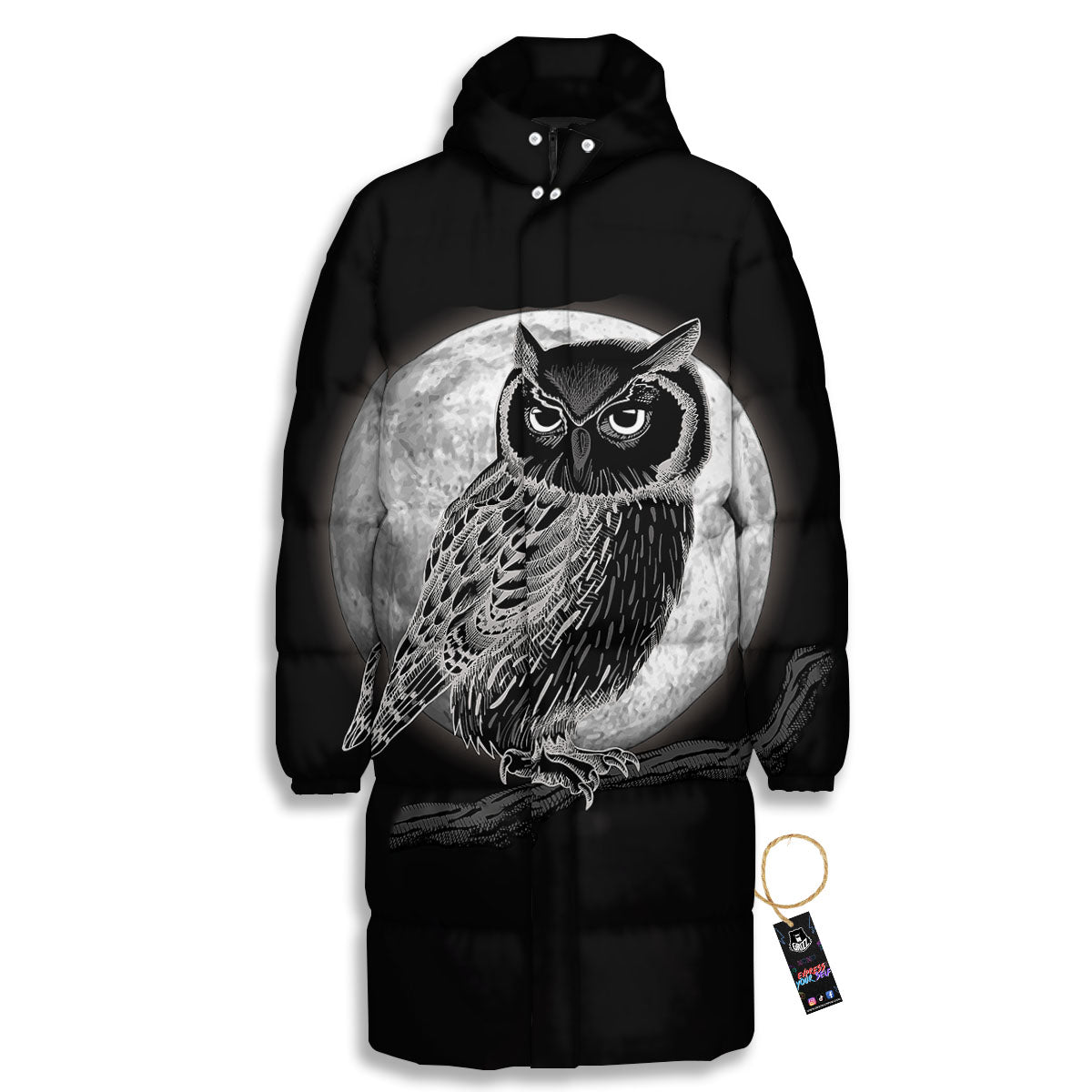 Night Owl Full Moon Print Long Down Jacket-grizzshop