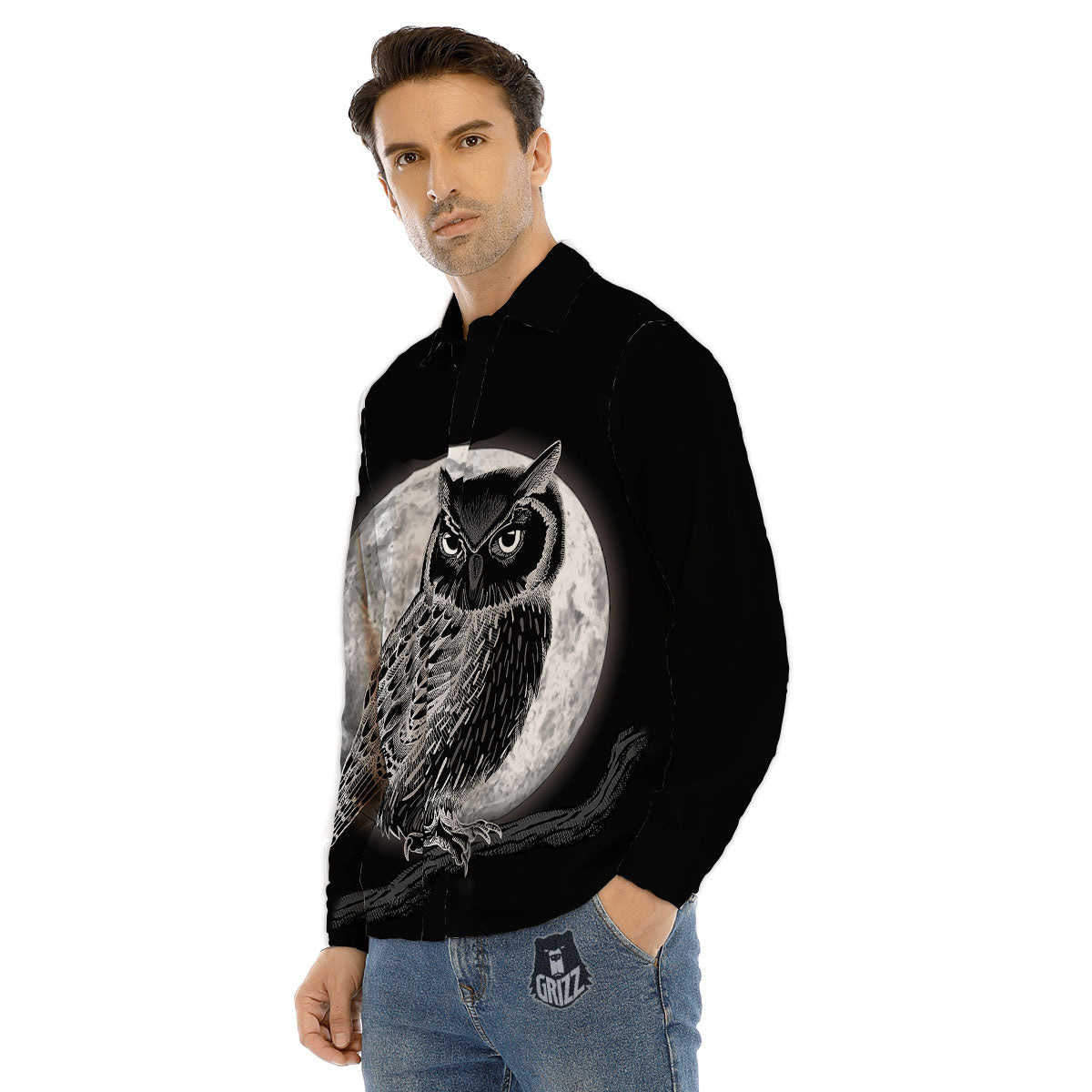 Night Owl Full Moon Print Men's Dress Shirts-grizzshop