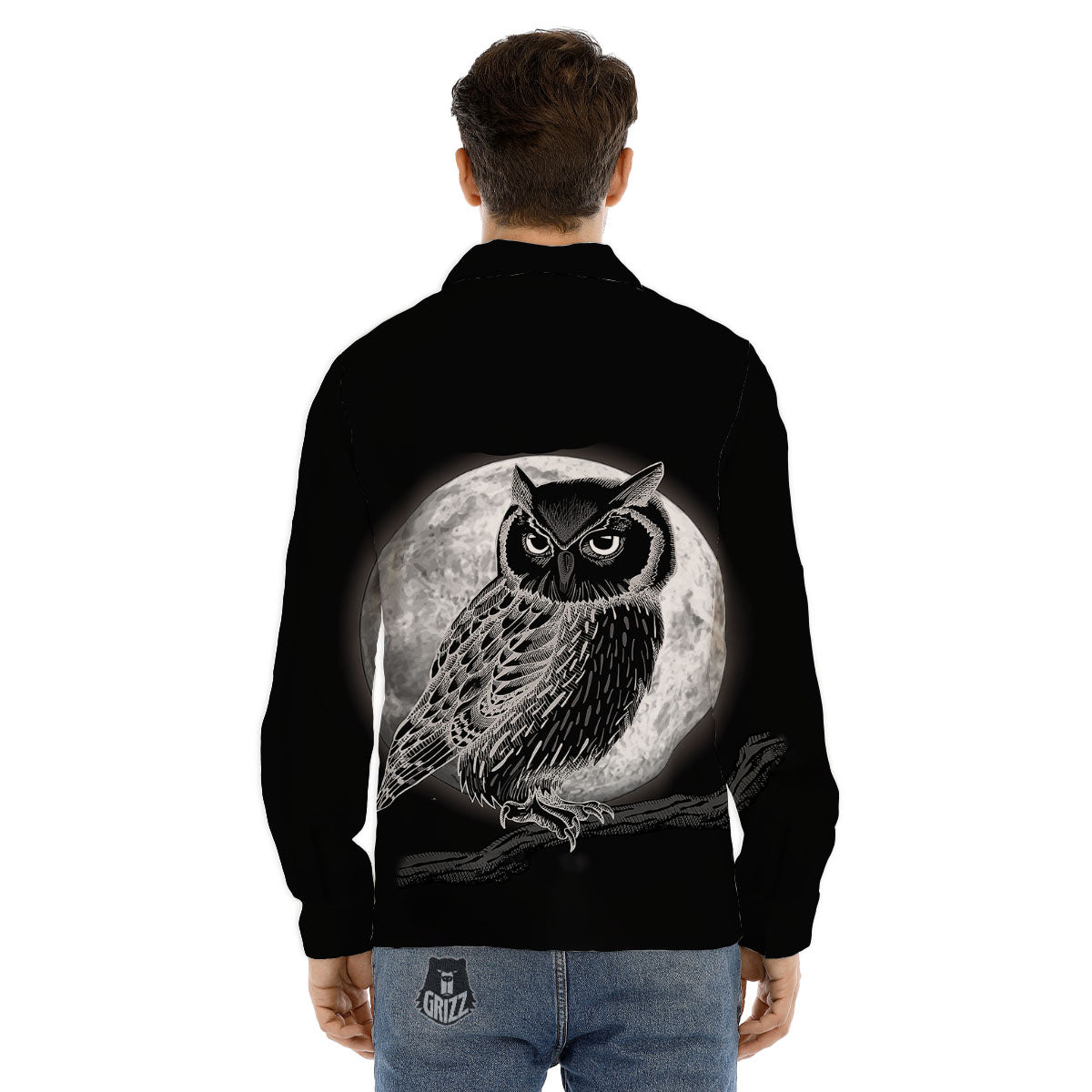 Night Owl Full Moon Print Men's Dress Shirts-grizzshop