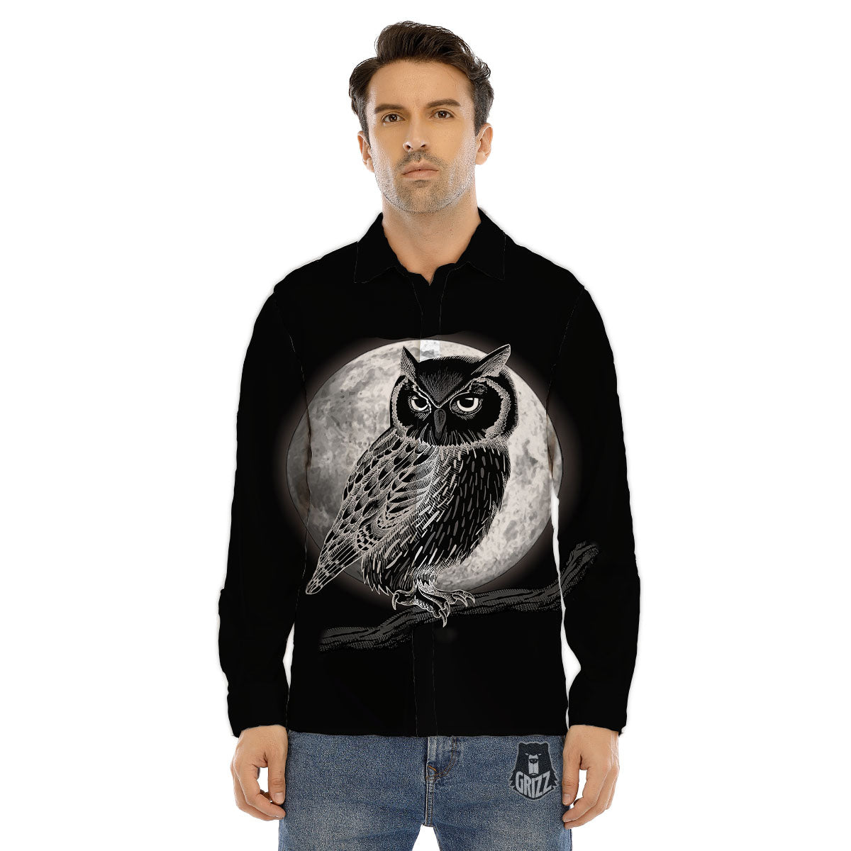 Night Owl Full Moon Print Men's Dress Shirts-grizzshop