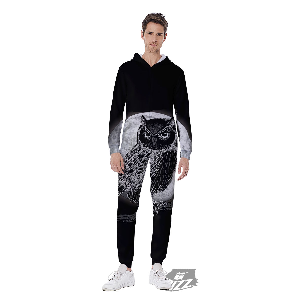 Night Owl Full Moon Print Men's Jumpsuit-grizzshop