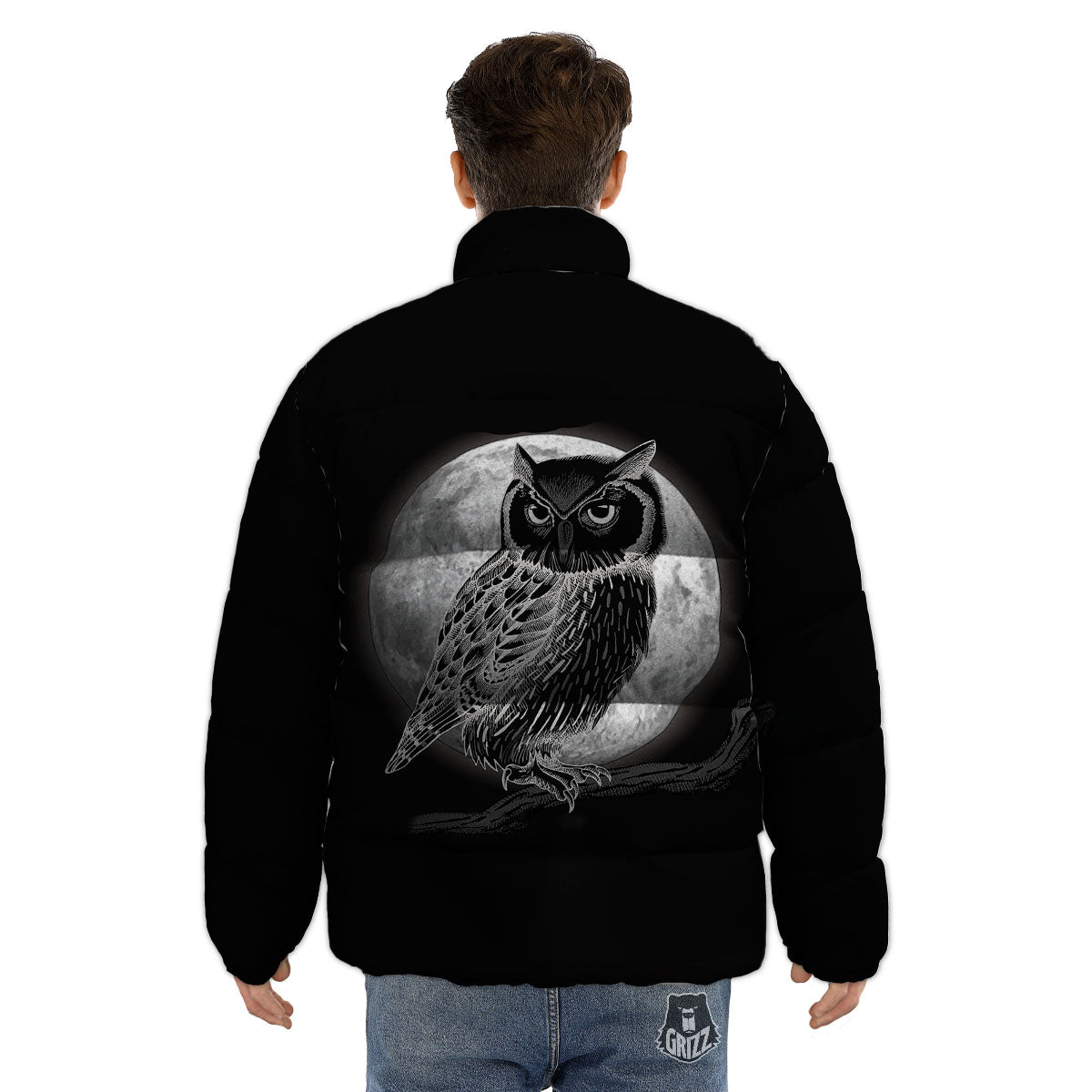 Night Owl Full Moon Print Puffer Jacket-grizzshop