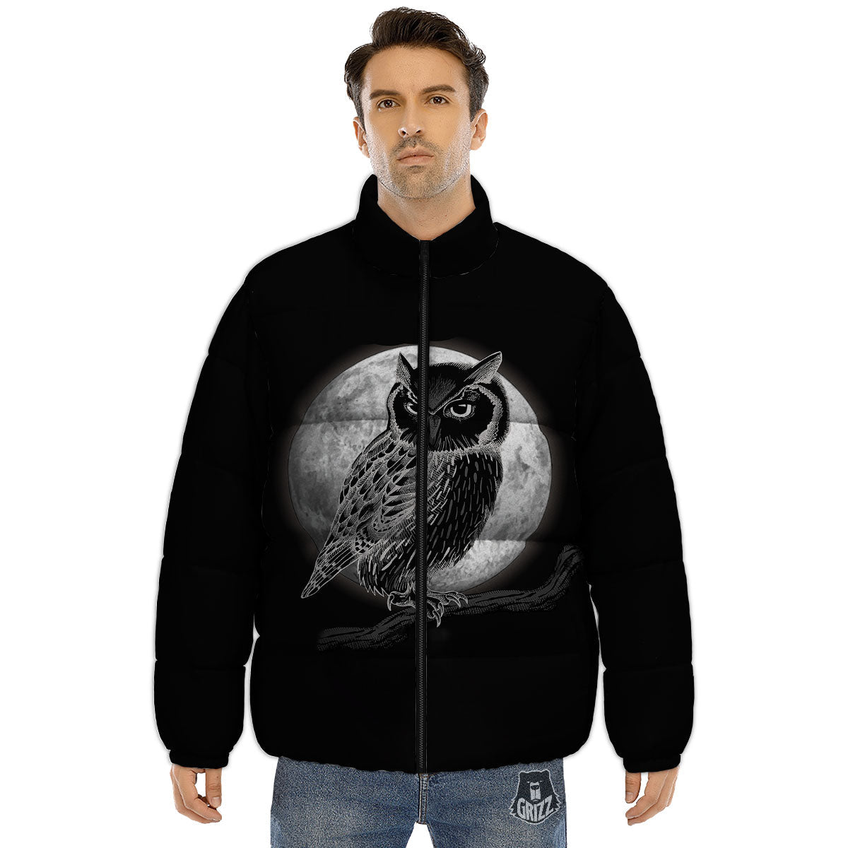 Night Owl Full Moon Print Puffer Jacket-grizzshop