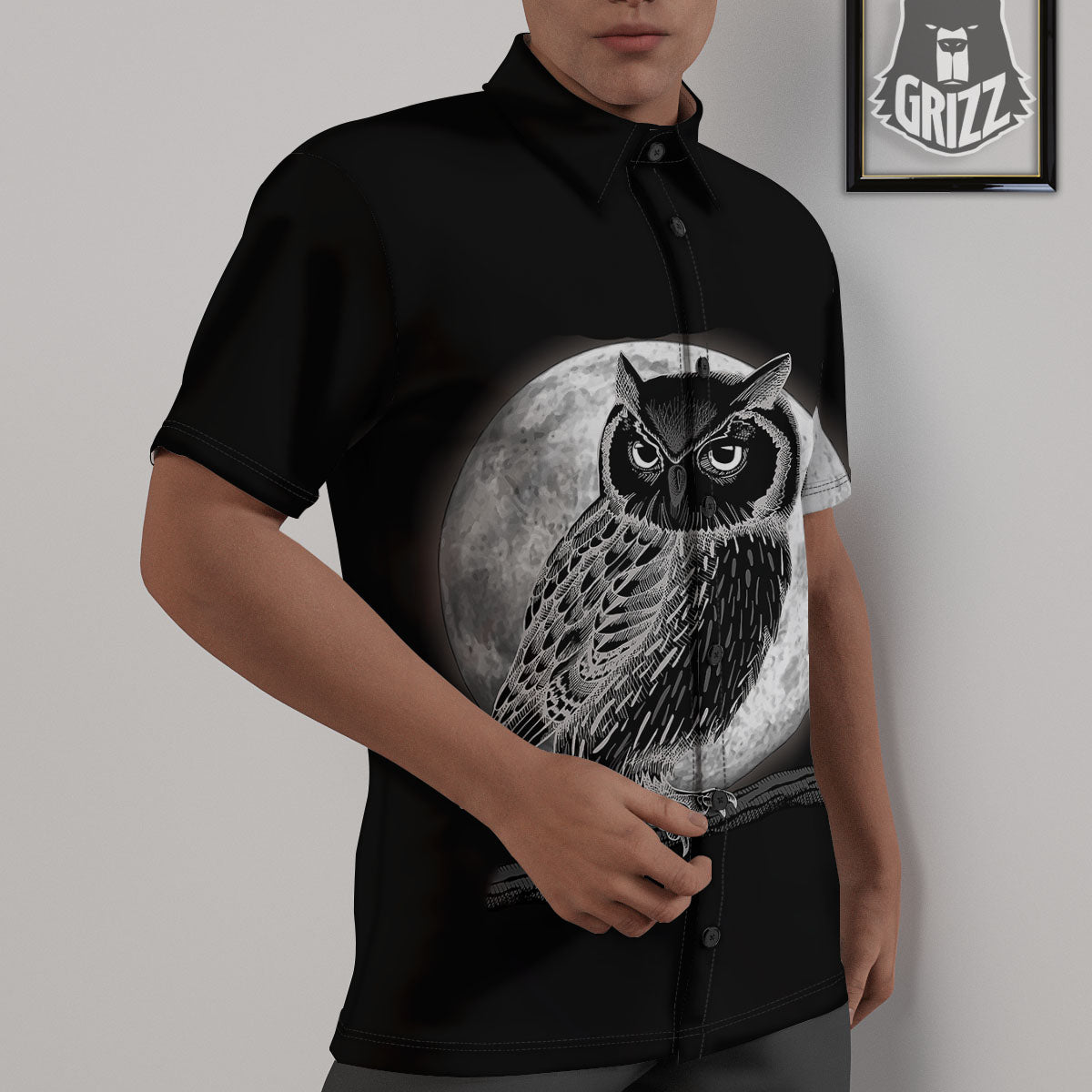 Night Owl Full Moon Print Untucked Shirts-grizzshop