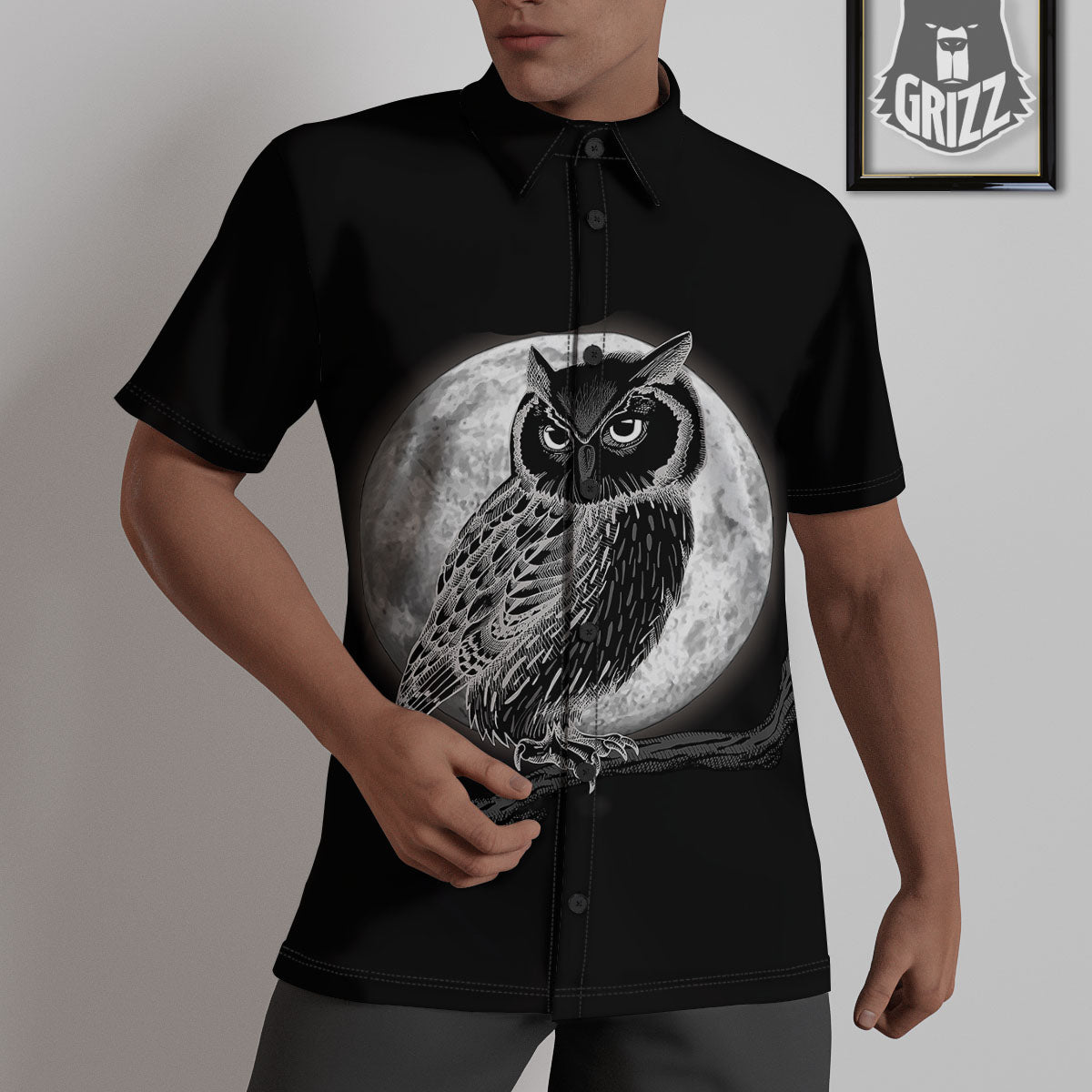 Night Owl Full Moon Print Untucked Shirts-grizzshop