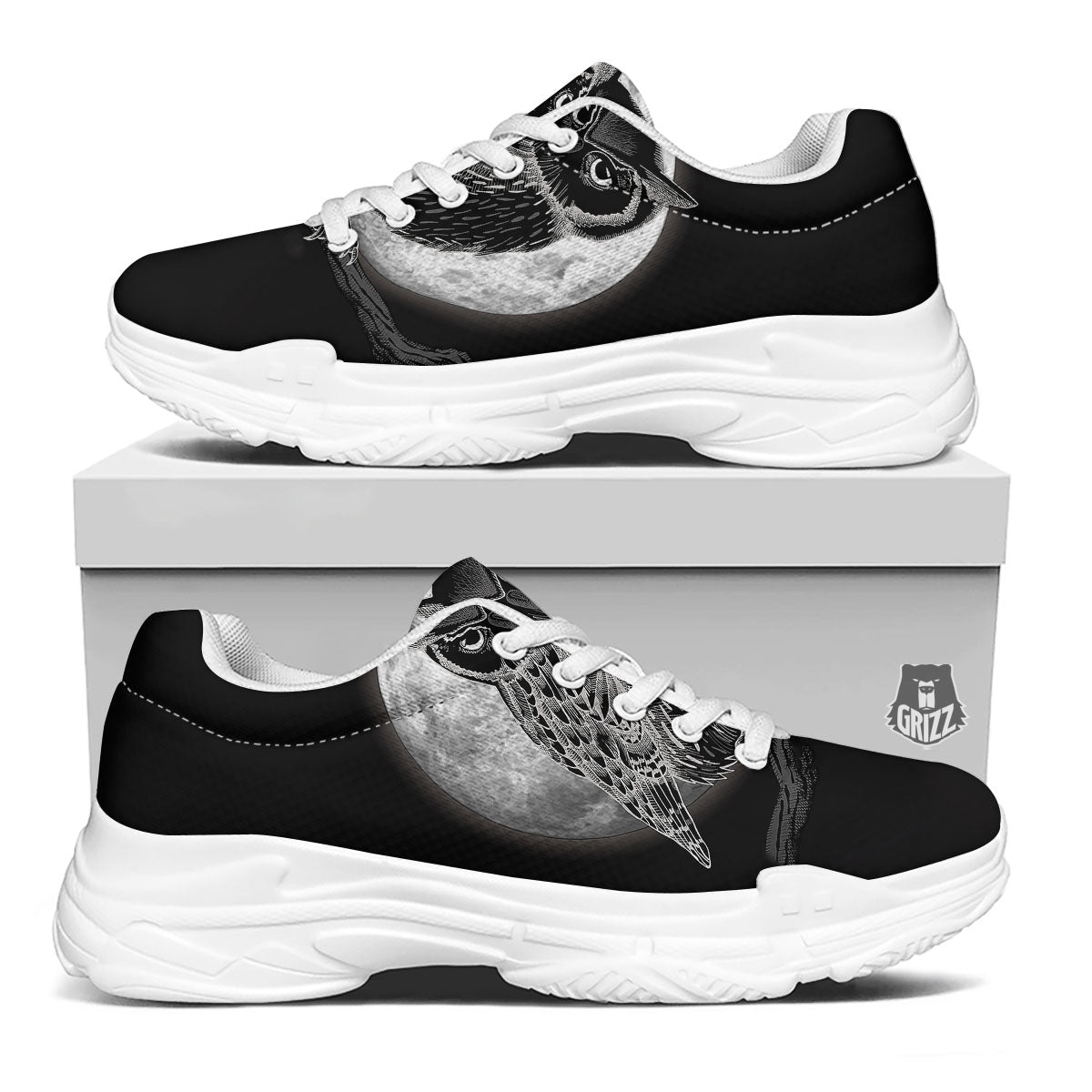 Night Owl Full Moon Print White Chunky Shoes-grizzshop
