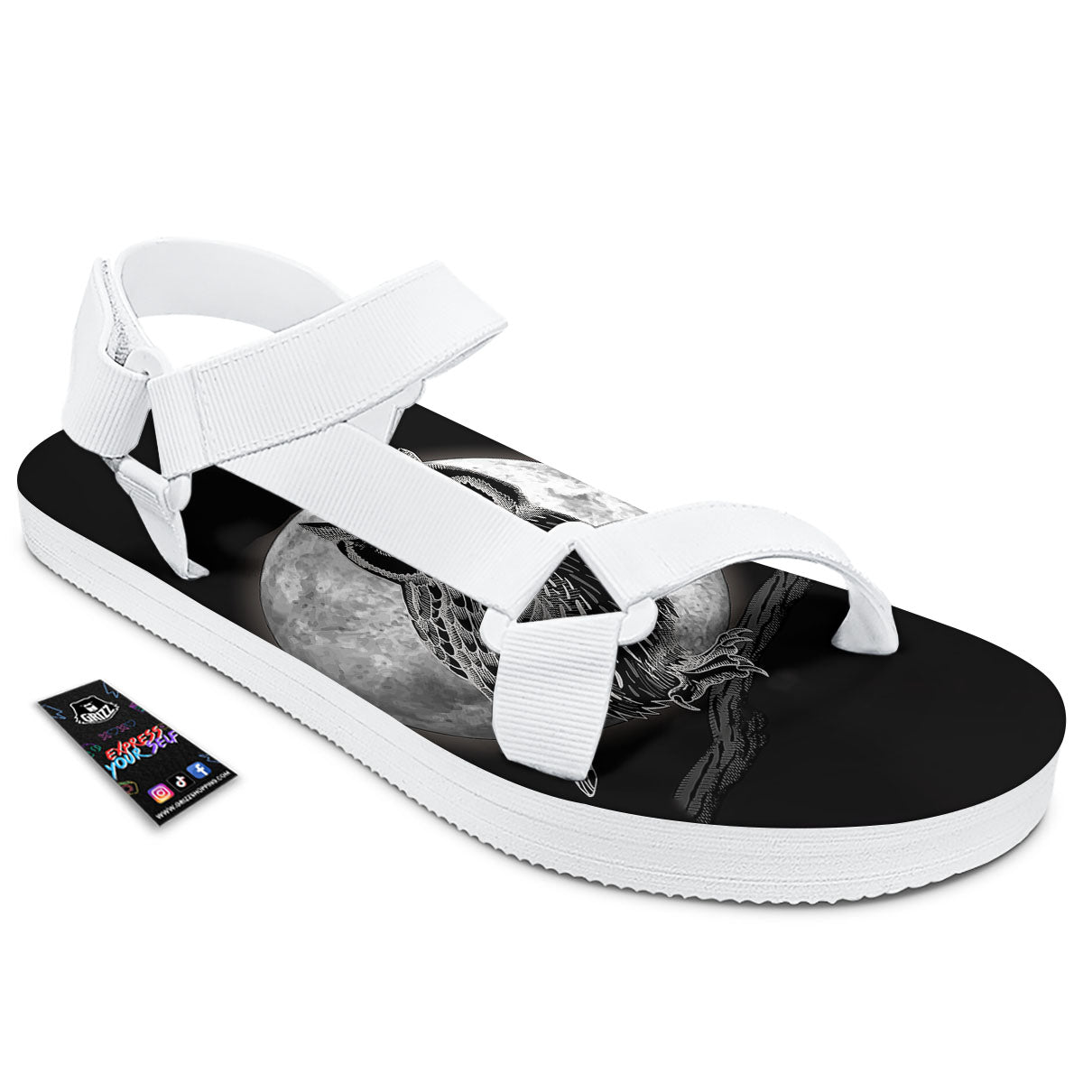 Night Owl Full Moon Print White Open Toe Sandals-grizzshop