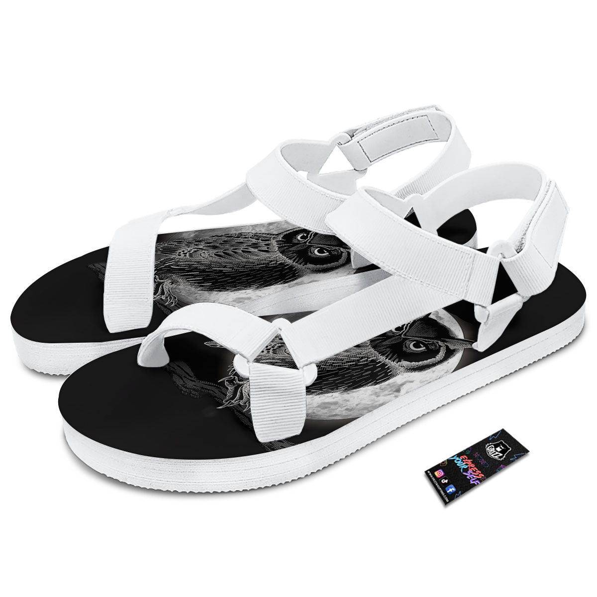 Night Owl Full Moon Print White Open Toe Sandals-grizzshop