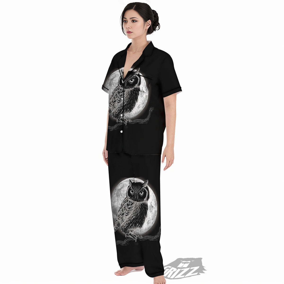 Night Owl Full Moon Print Women's Pajamas Set-grizzshop