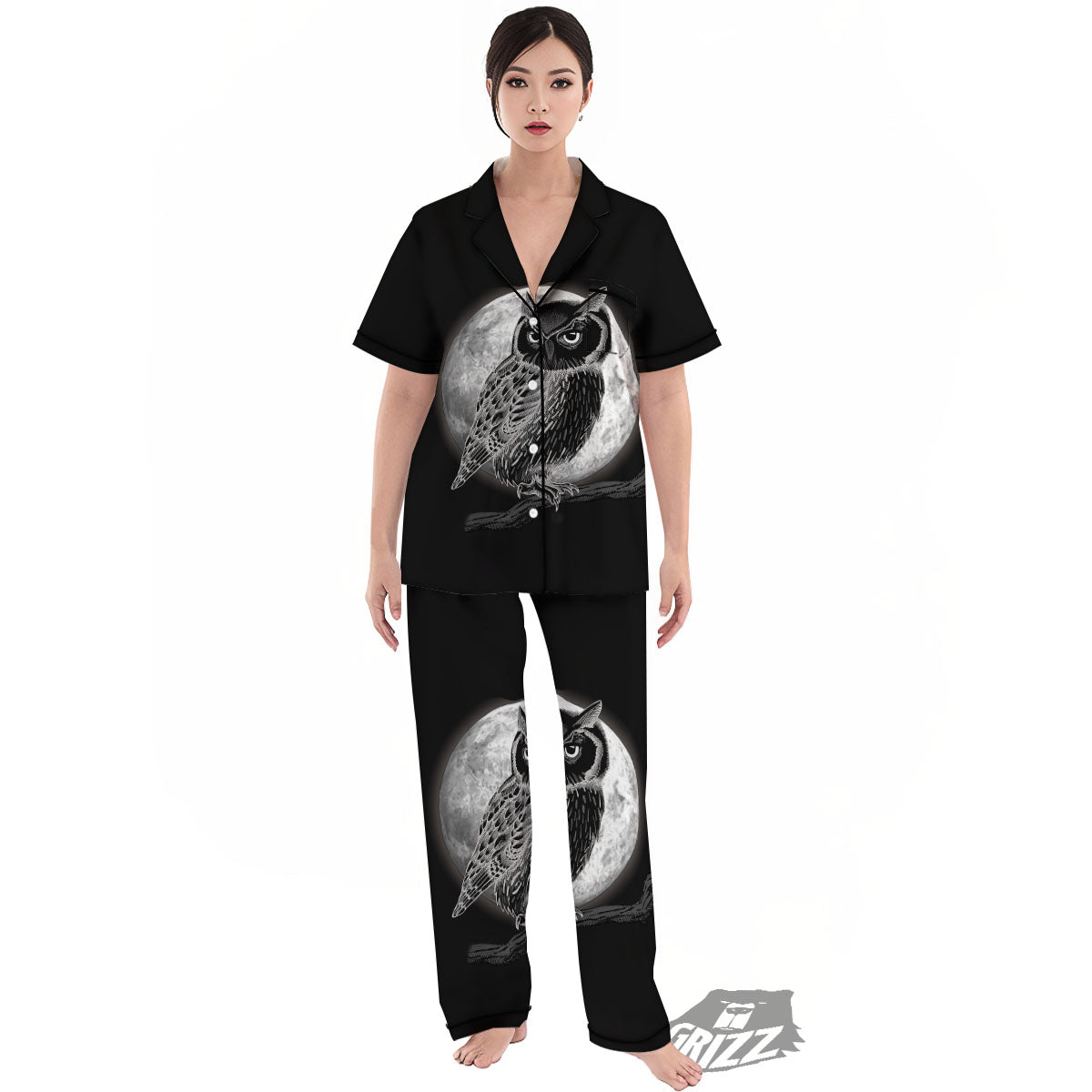 Night Owl Full Moon Print Women's Pajamas Set-grizzshop