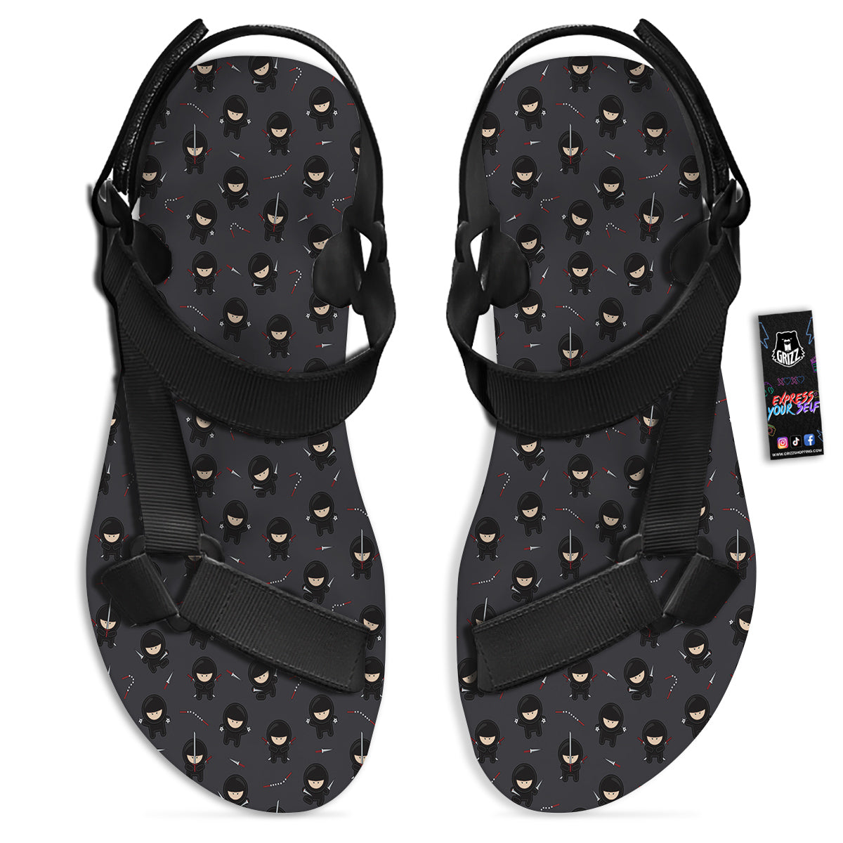 Ninja Cute Print Pattern Black Open Toe Sandals-grizzshop