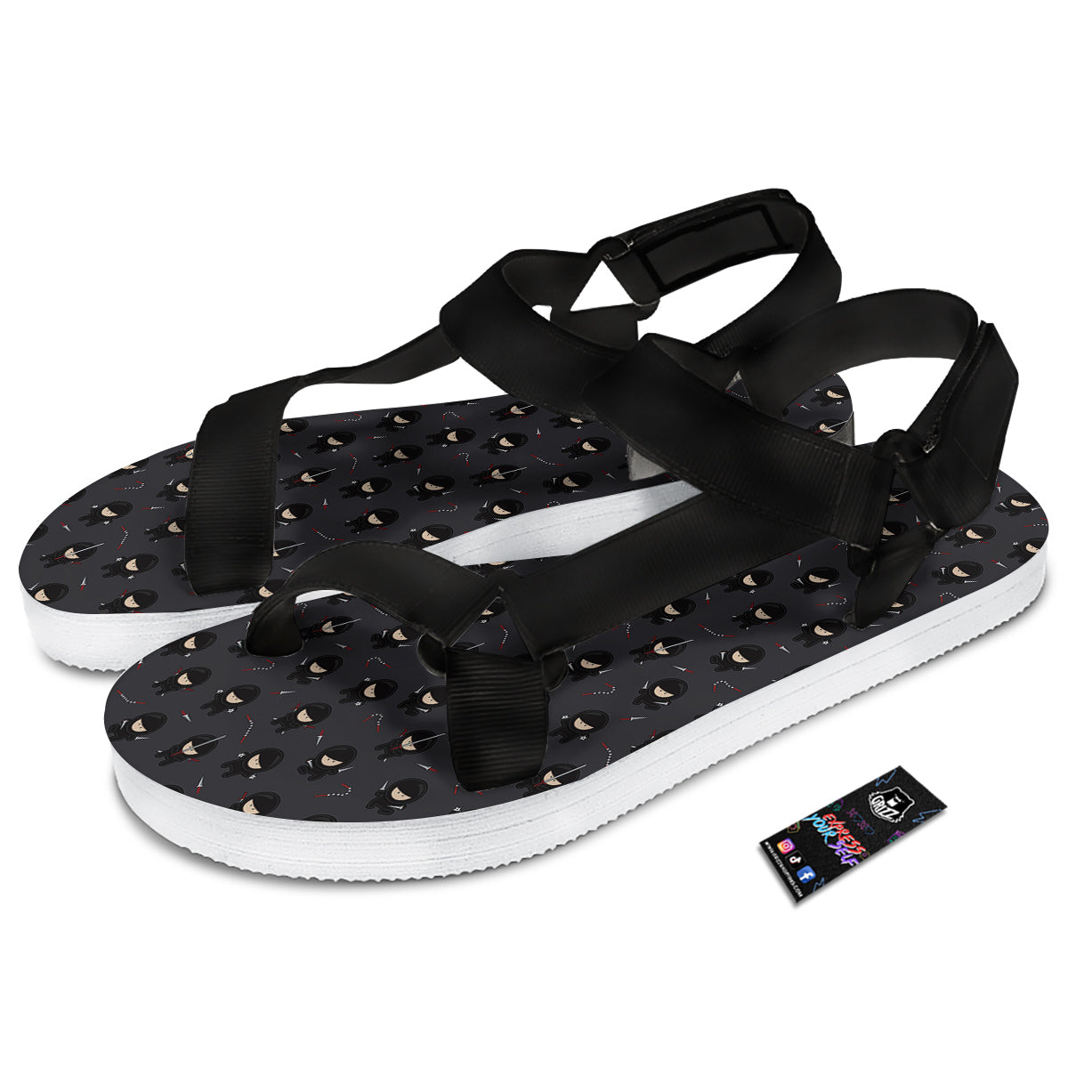Ninja Cute Print Pattern Black Open Toe Sandals-grizzshop