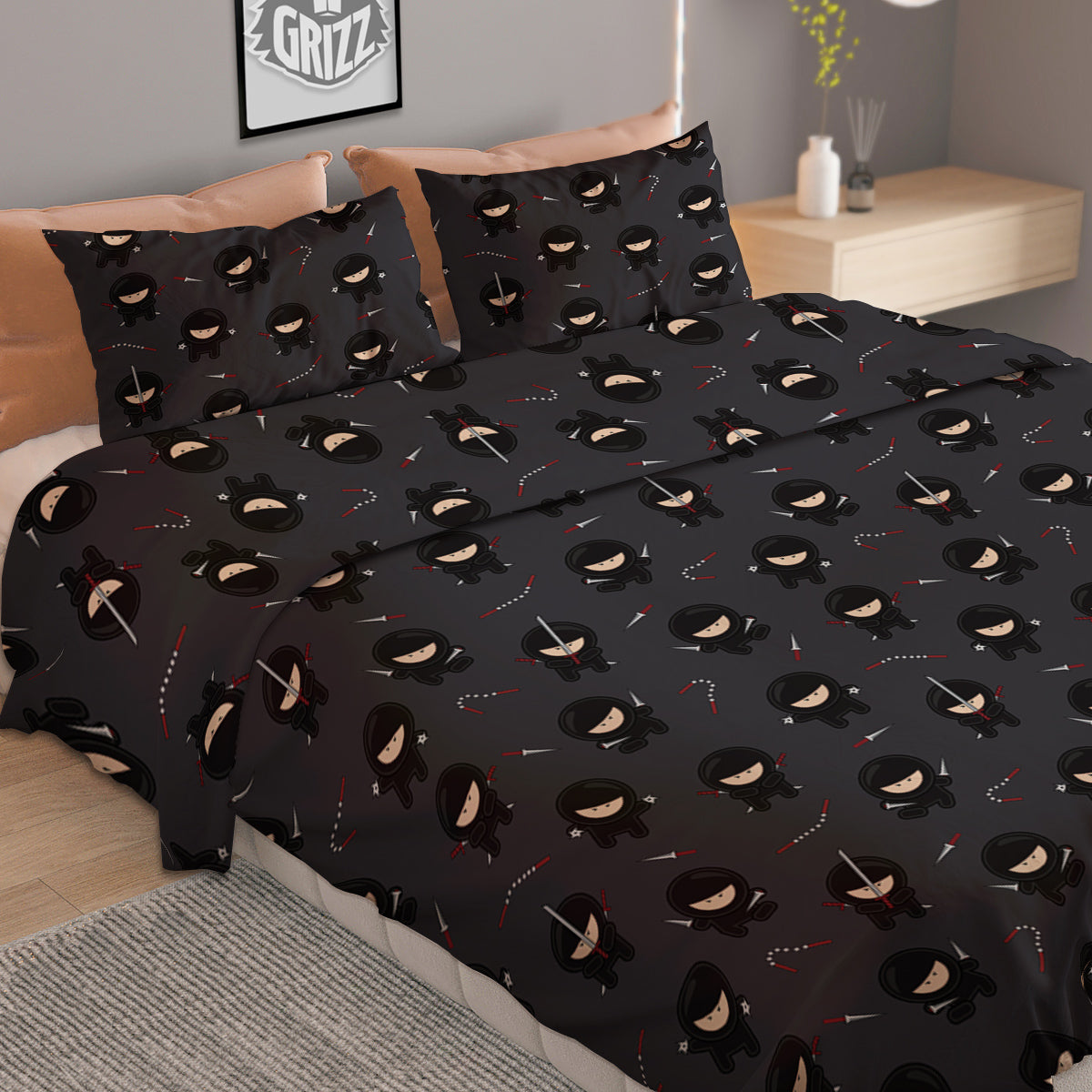 Ninja Cute Print Pattern Duvet Cover Bedding Set-grizzshop