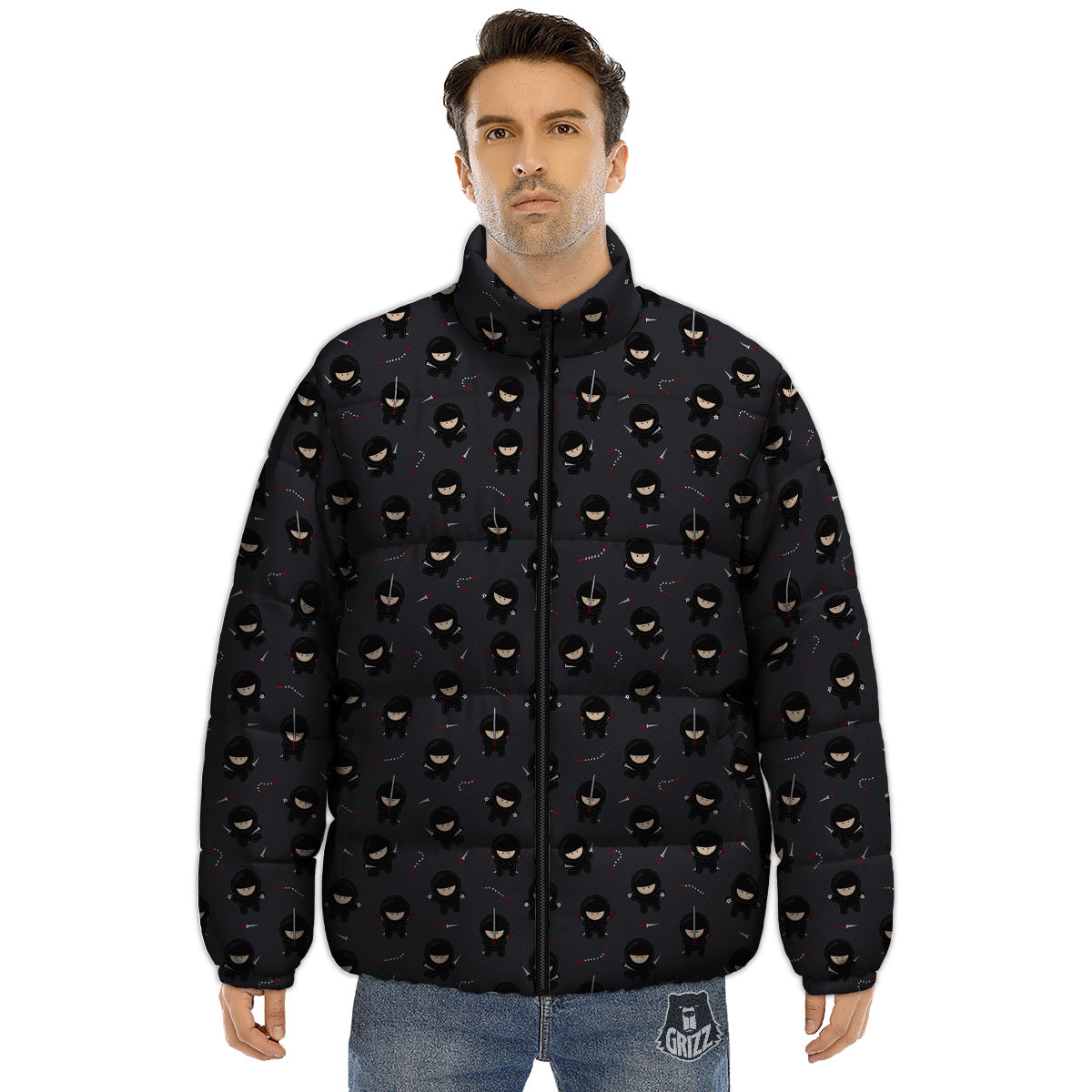 Ninja Cute Print Pattern Puffer Jacket-grizzshop