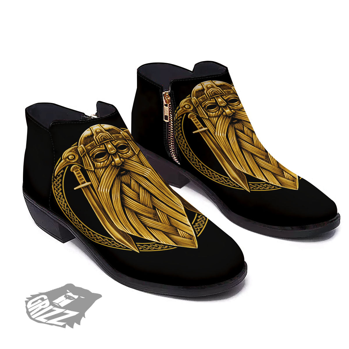 Norse God Odin Gold Viking Print Ankle Boots-grizzshop
