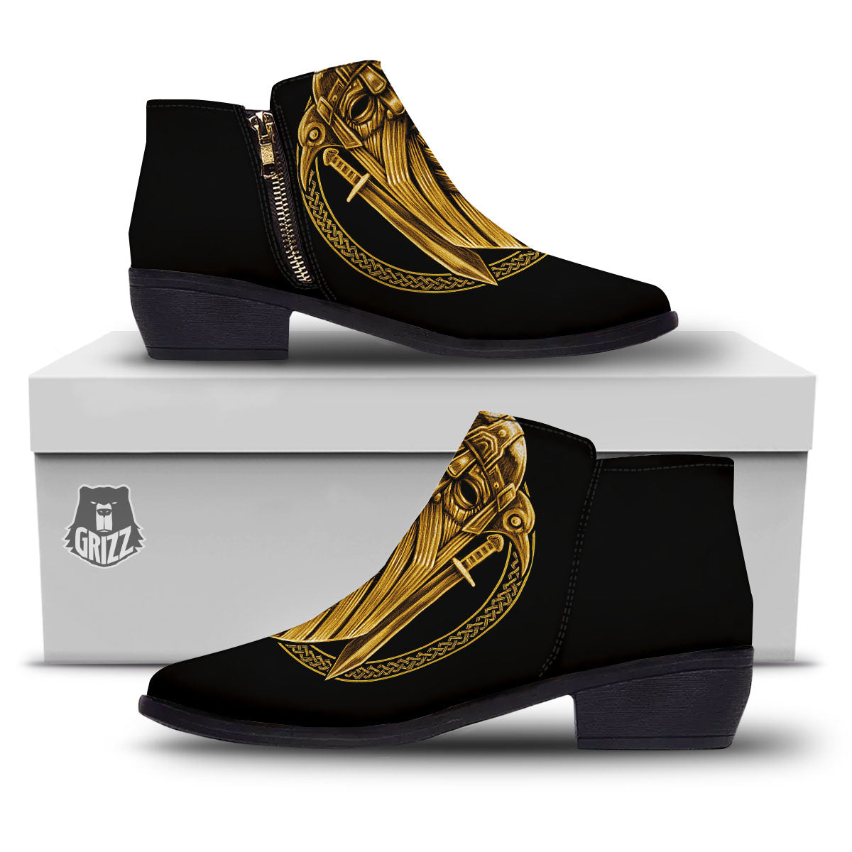 Norse God Odin Gold Viking Print Ankle Boots-grizzshop