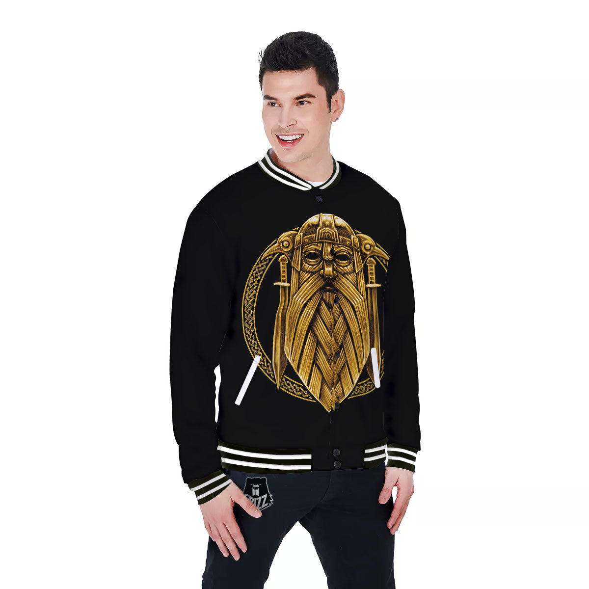 Norse God Odin Gold Viking Print Baseball Jacket-grizzshop