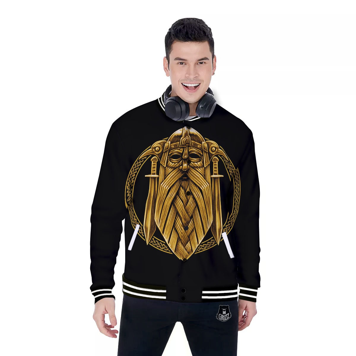 Norse God Odin Gold Viking Print Baseball Jacket-grizzshop