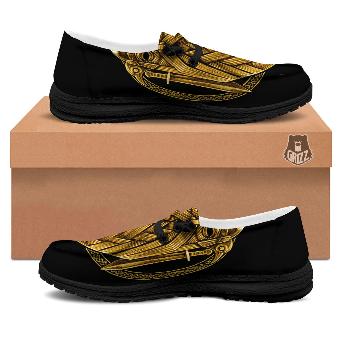 Norse God Odin Gold Viking Print Black Loafers-grizzshop