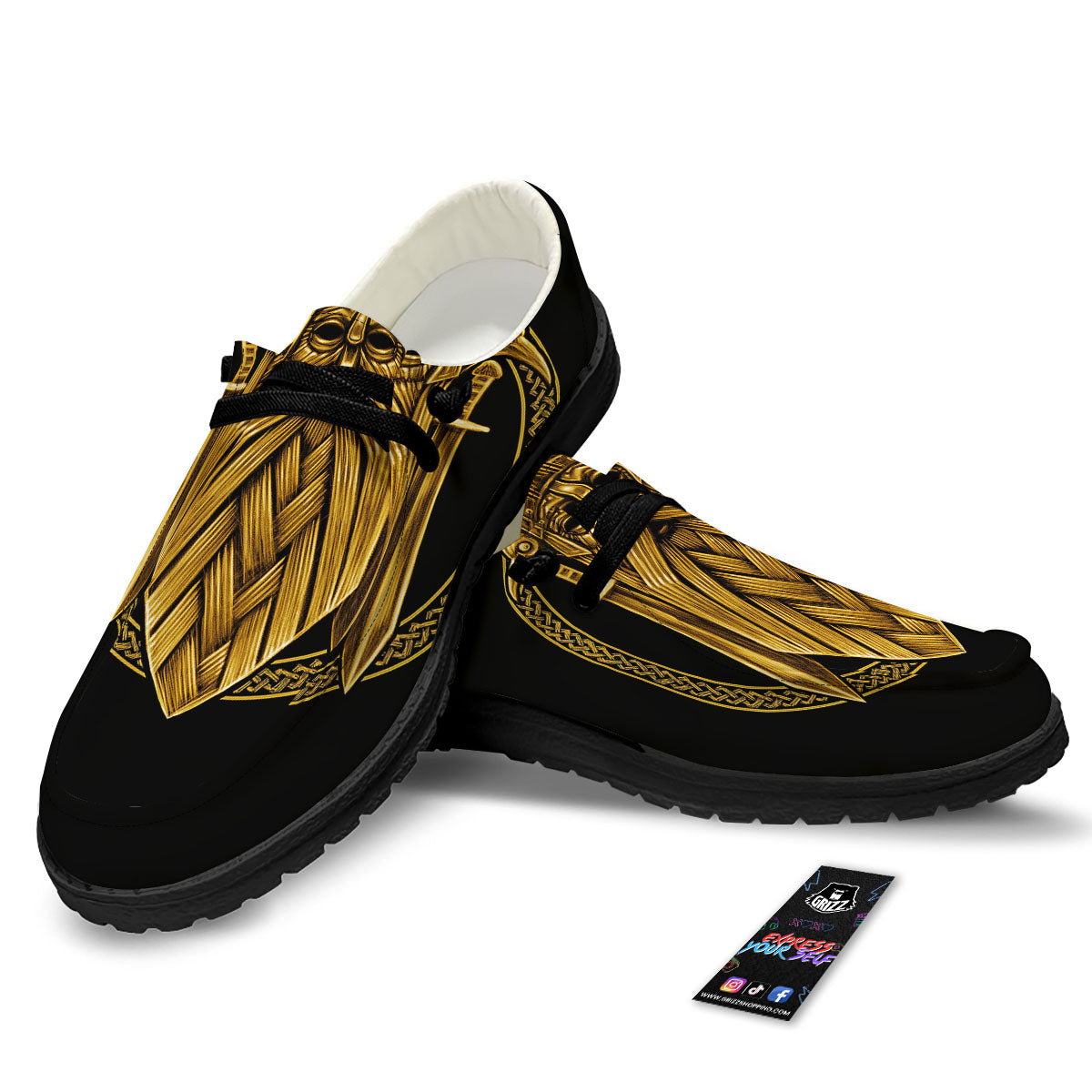 Norse God Odin Gold Viking Print Black Loafers-grizzshop