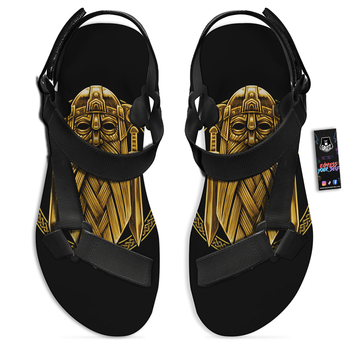 Norse God Odin Gold Viking Print Black Open Toe Sandals-grizzshop