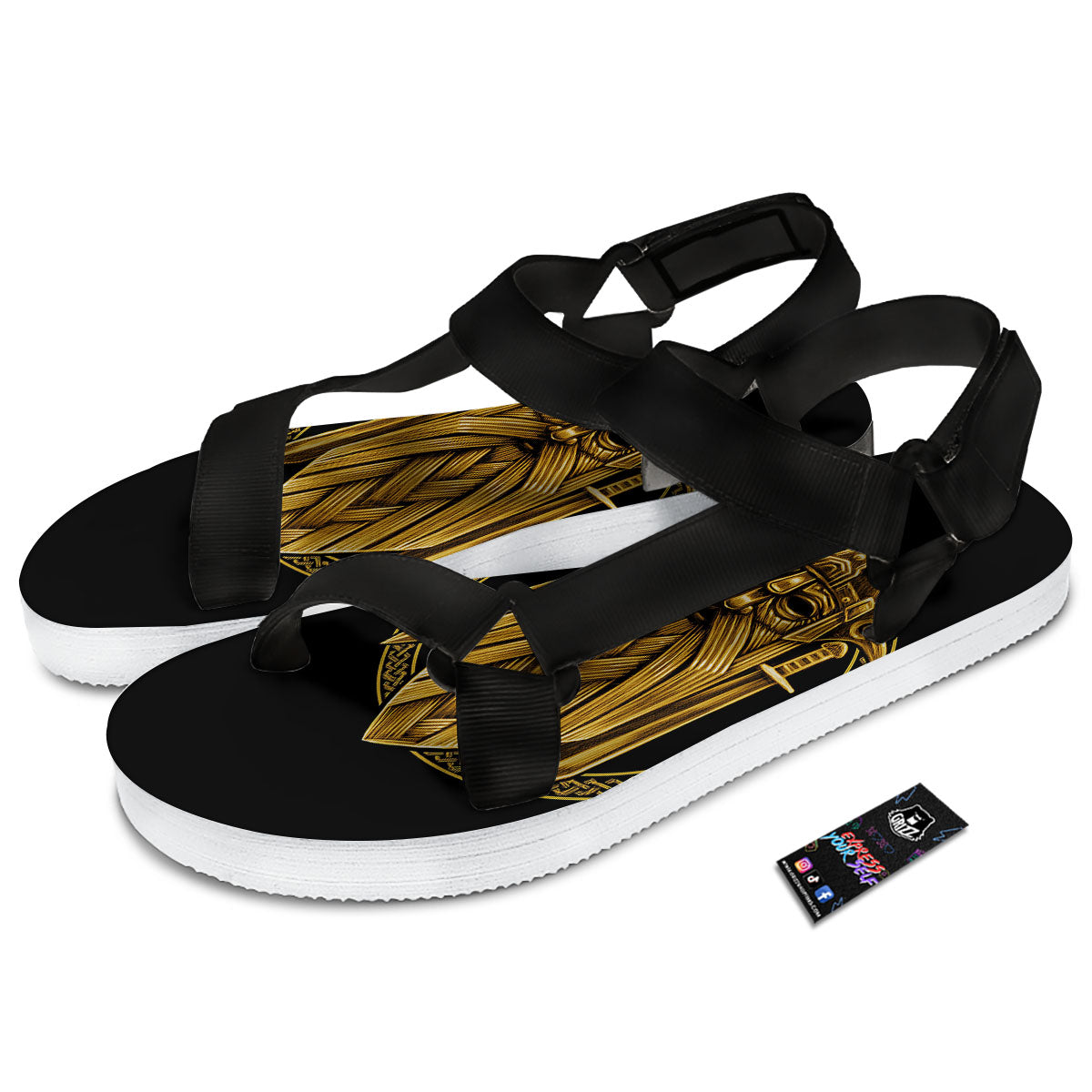 Norse God Odin Gold Viking Print Black Open Toe Sandals-grizzshop