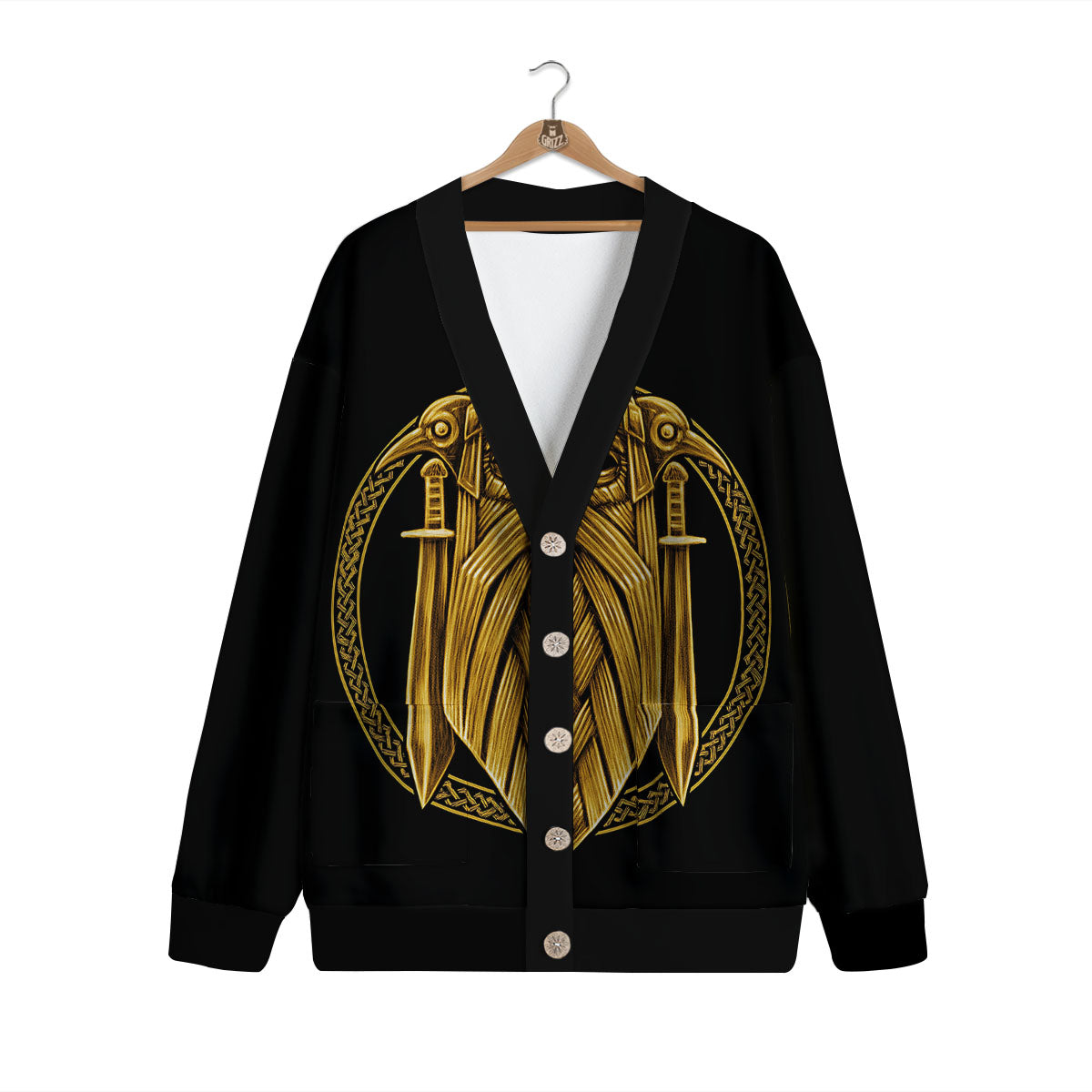 Norse God Odin Gold Viking Print Cardigan-grizzshop