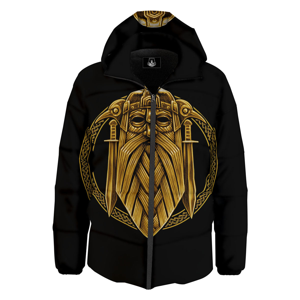 Norse God Odin Gold Viking Print Down Jacket-grizzshop