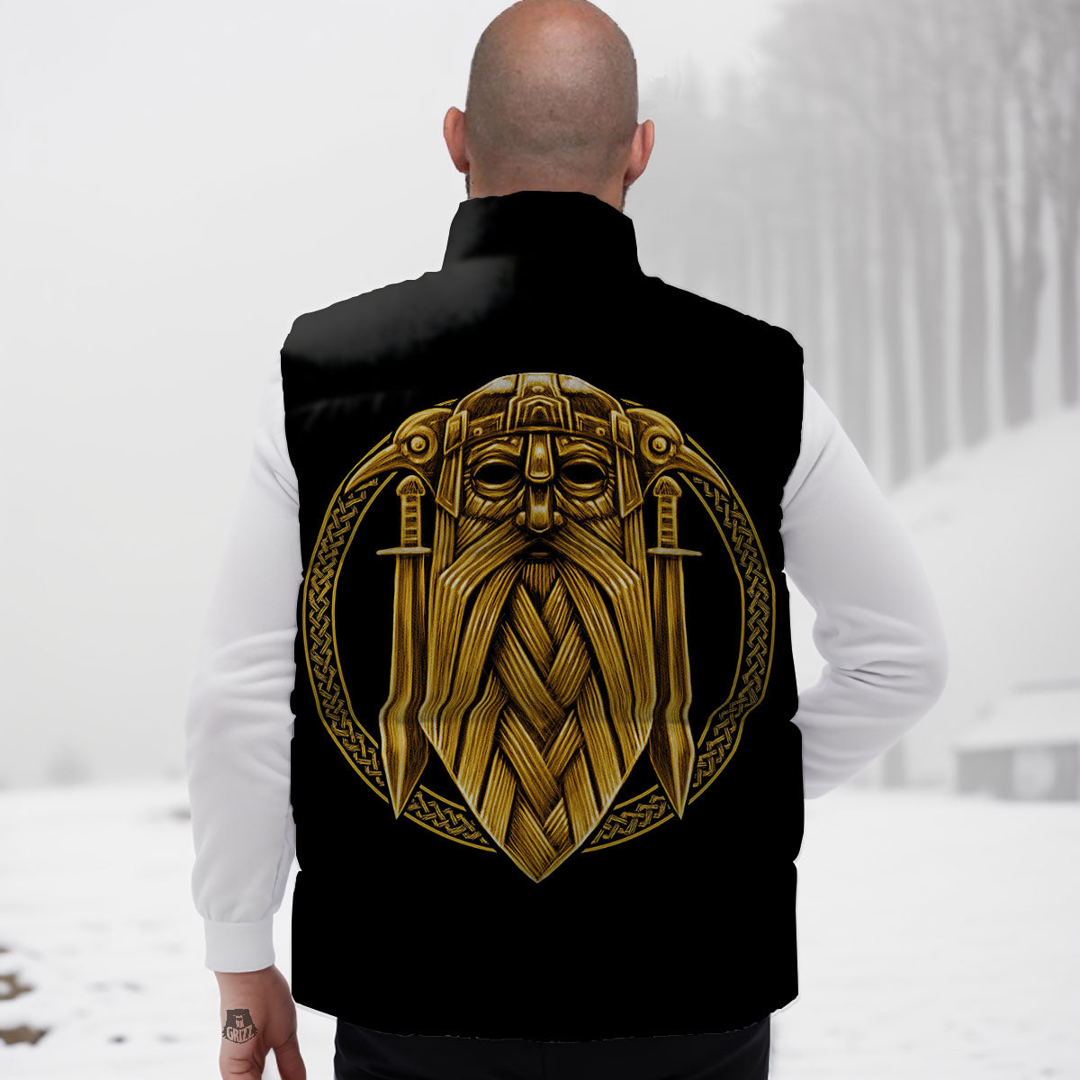 Norse God Odin Gold Viking Print Down Vest