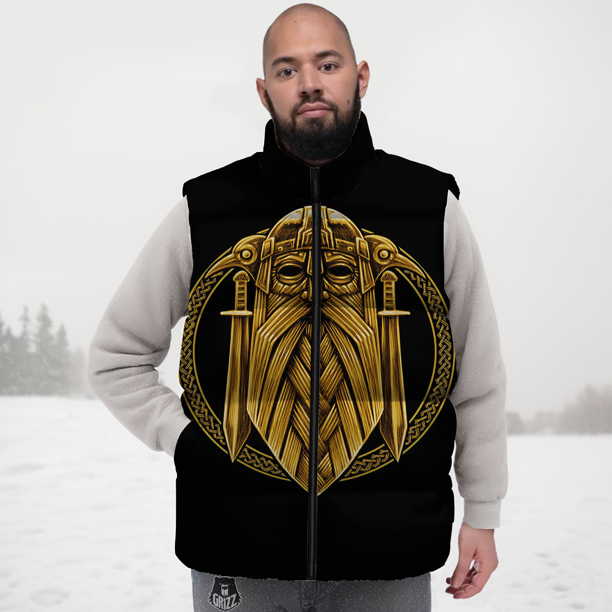 Norse God Odin Gold Viking Print Down Vest
