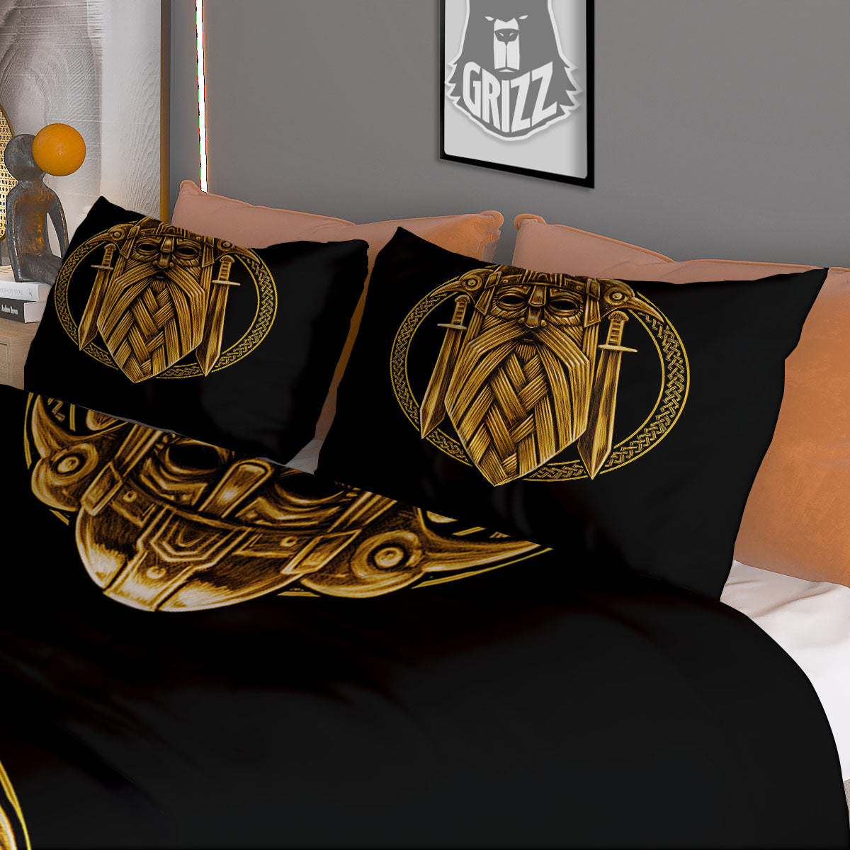 Norse God Odin Gold Viking Print Duvet Cover Bedding Set