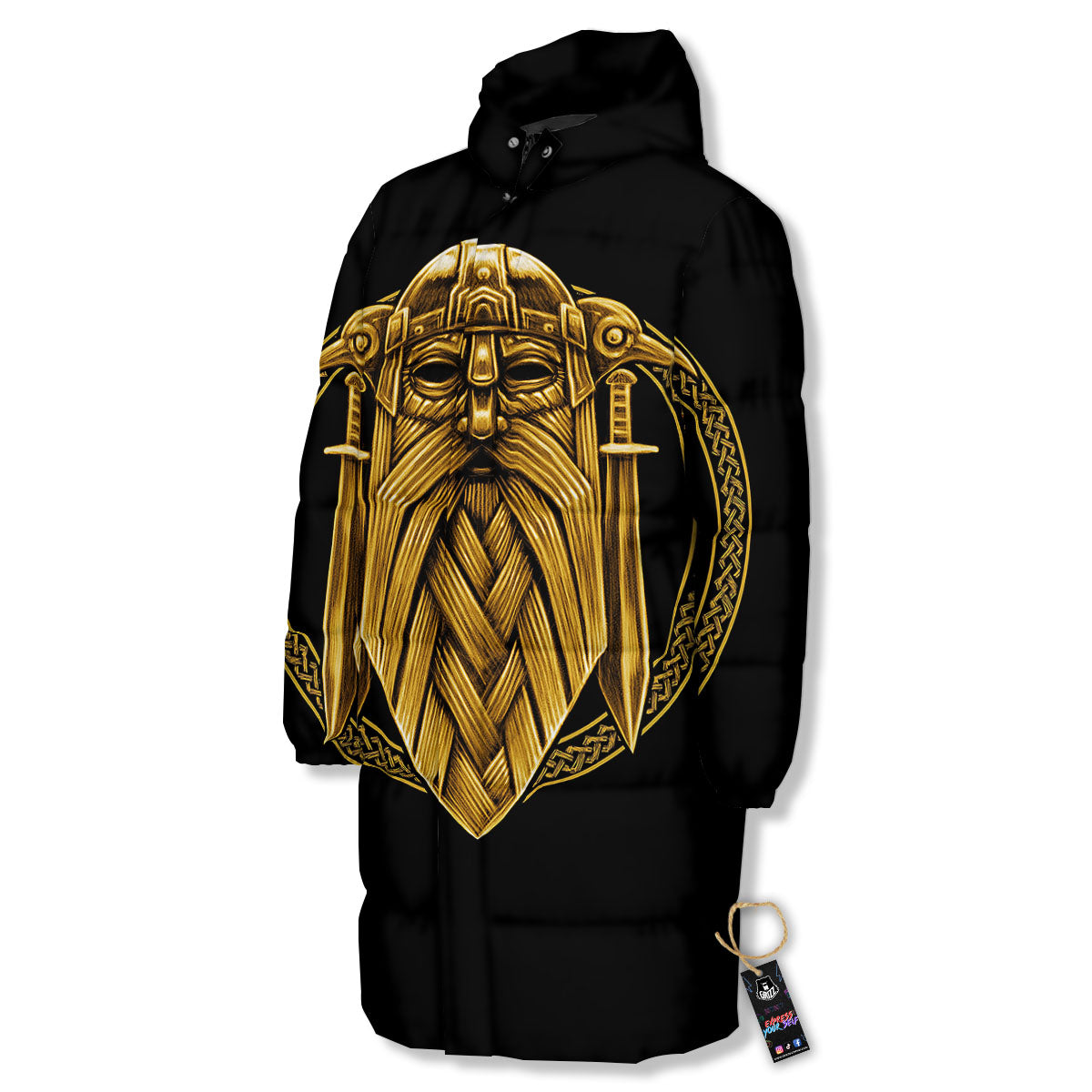 Norse God Odin Gold Viking Print Long Down Jacket-grizzshop