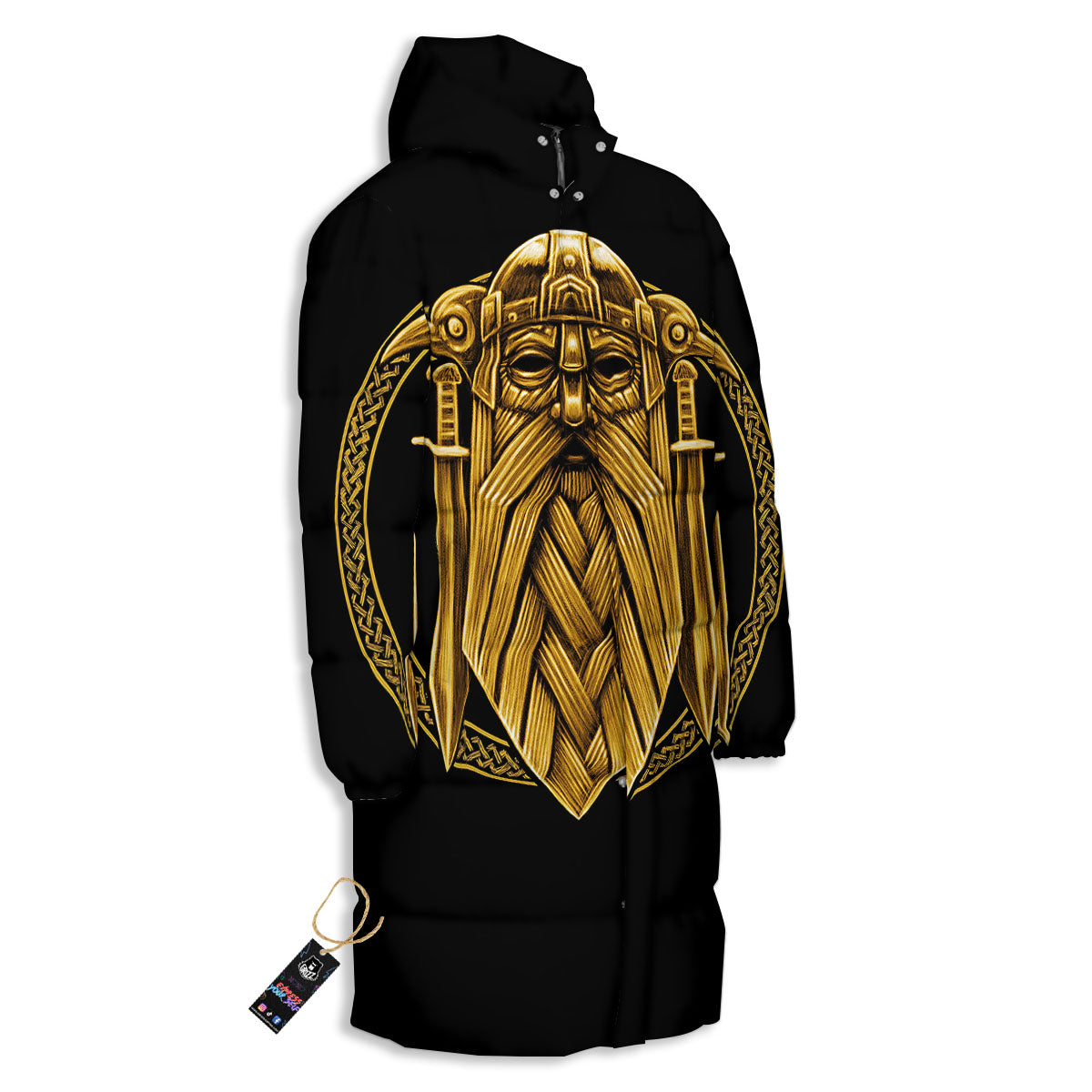 Norse God Odin Gold Viking Print Long Down Jacket-grizzshop