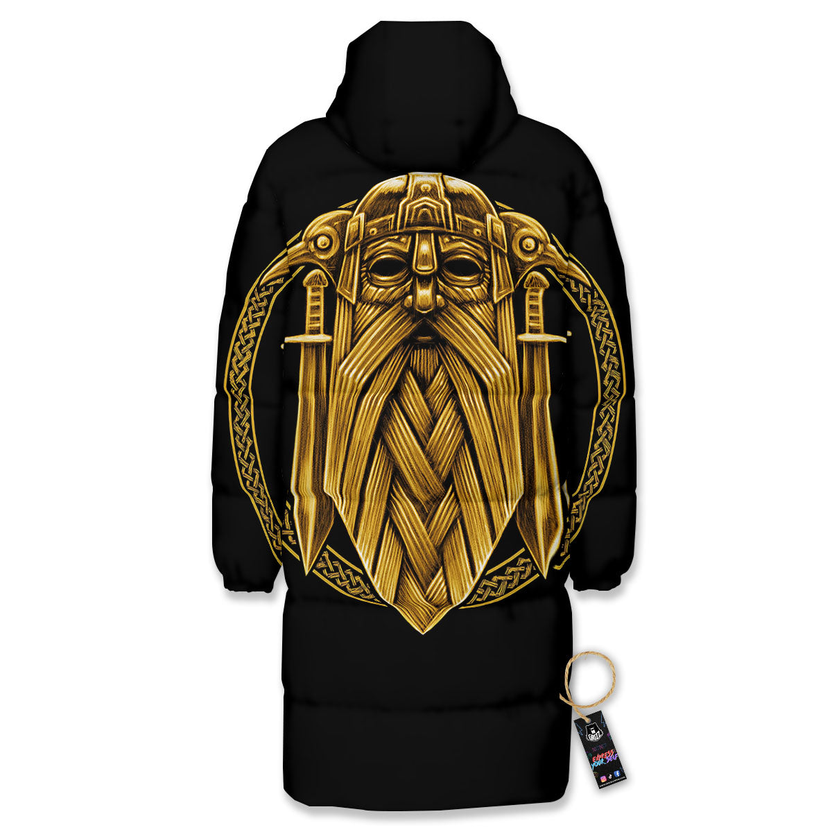 Norse God Odin Gold Viking Print Long Down Jacket-grizzshop
