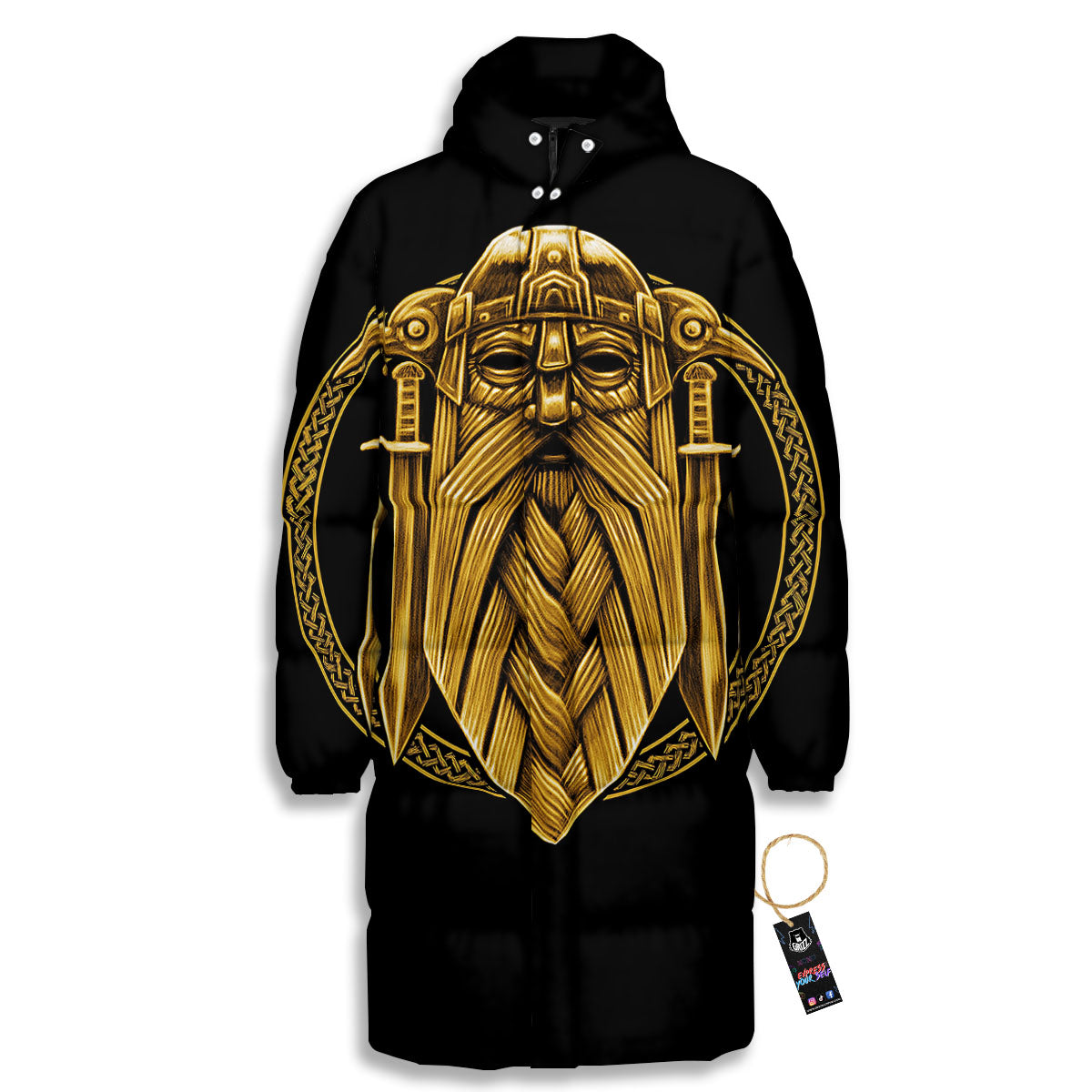 Norse God Odin Gold Viking Print Long Down Jacket-grizzshop