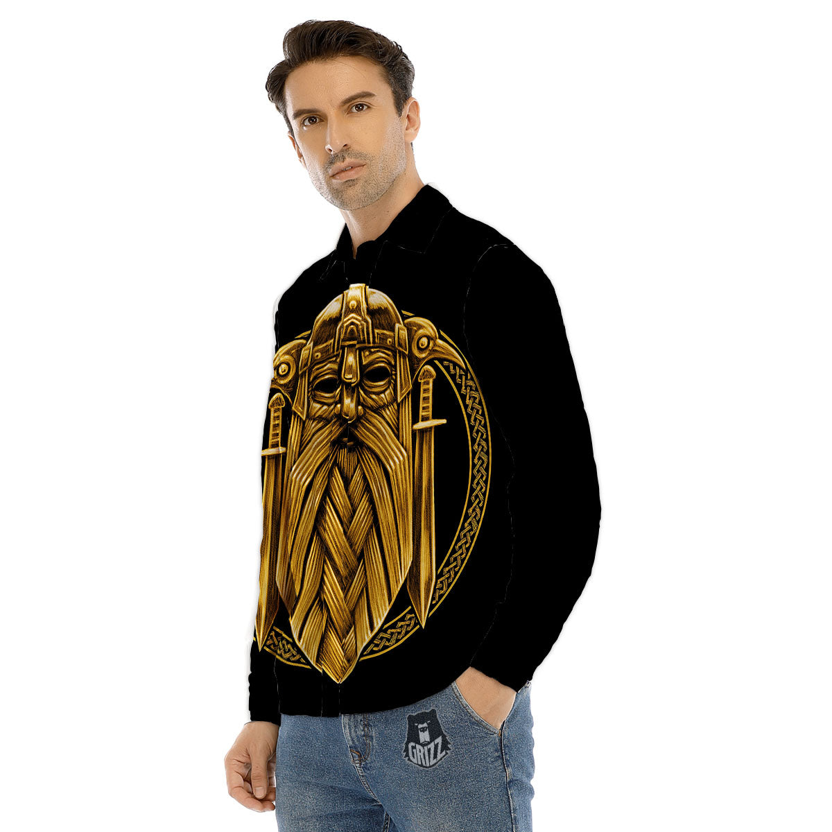 Norse God Odin Gold Viking Print Men's Dress Shirts-grizzshop