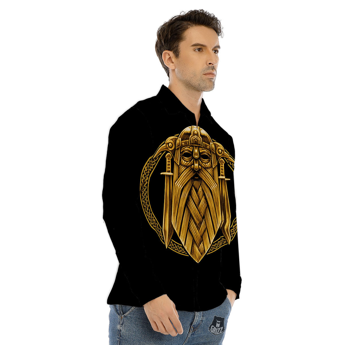 Norse God Odin Gold Viking Print Men's Dress Shirts-grizzshop
