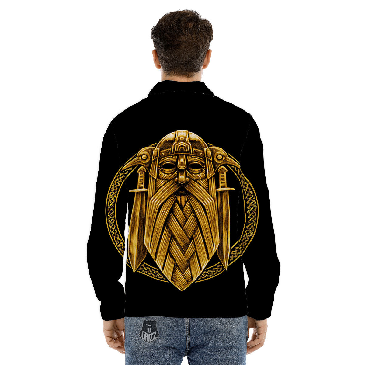 Norse God Odin Gold Viking Print Men's Dress Shirts-grizzshop