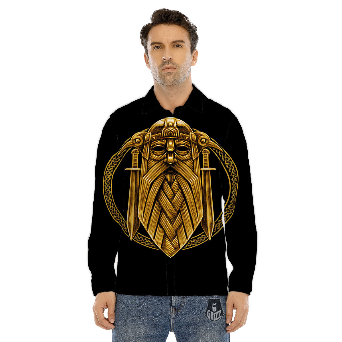 Norse God Odin Gold Viking Print Men's Dress Shirts-grizzshop