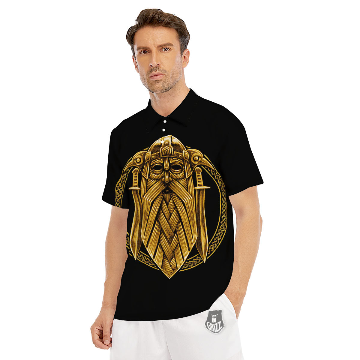 Norse God Odin Gold Viking Print Men's Golf Shirts-grizzshop