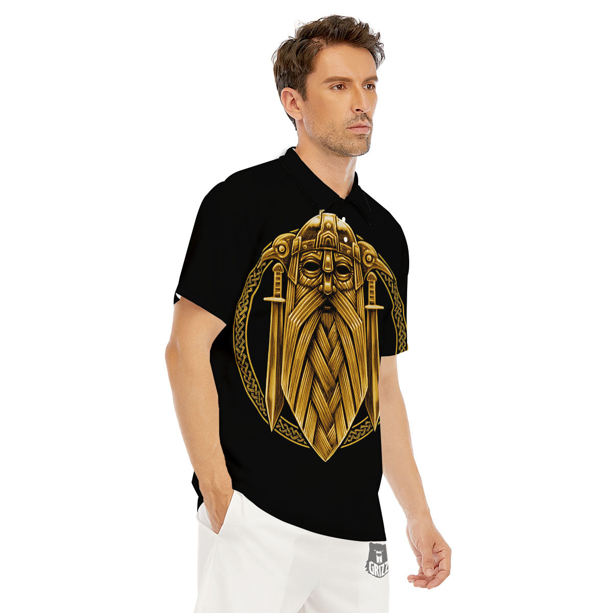 Norse God Odin Gold Viking Print Men's Golf Shirts-grizzshop