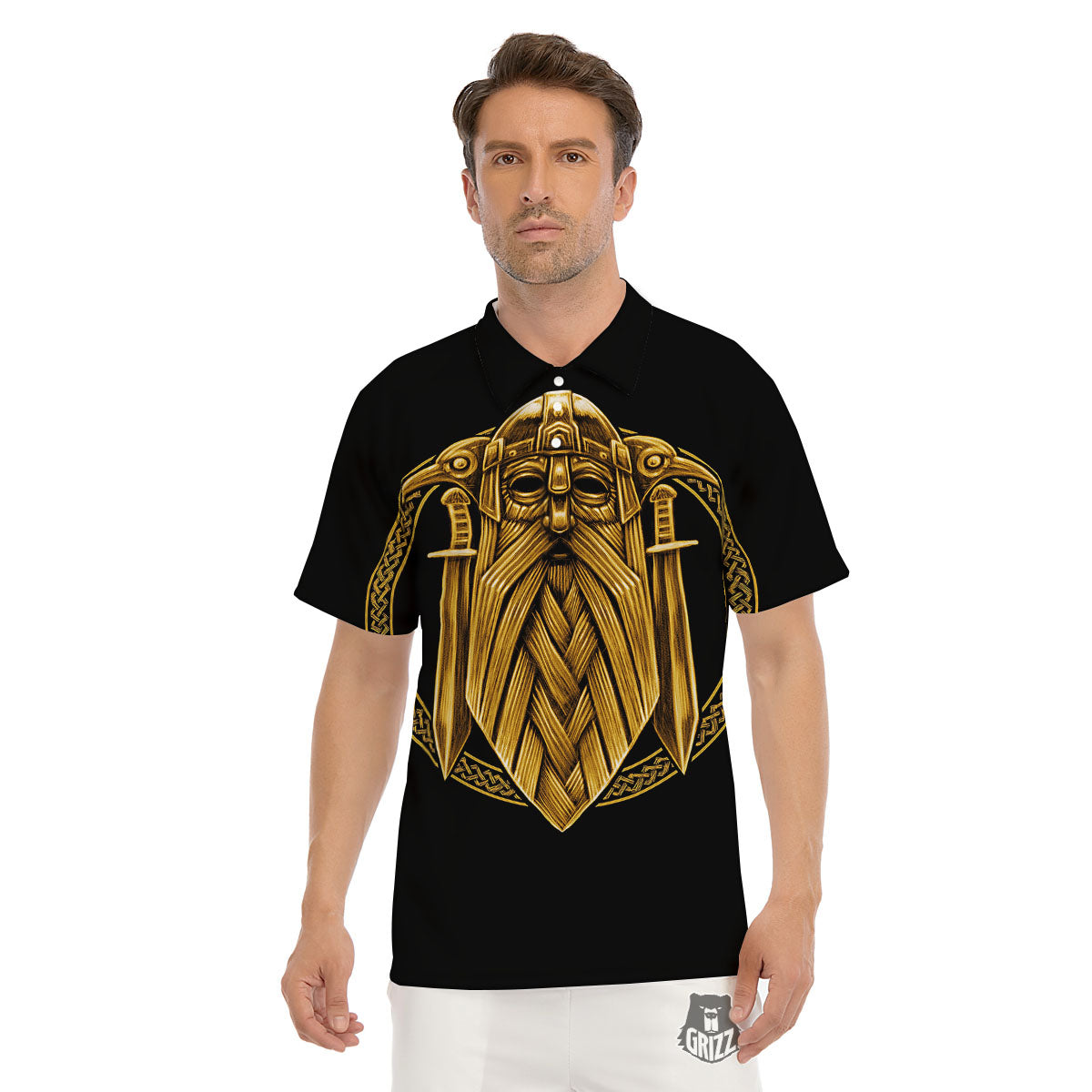 Norse God Odin Gold Viking Print Men's Golf Shirts-grizzshop