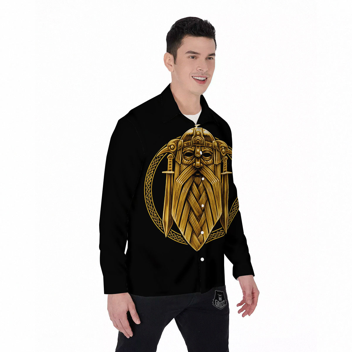 Norse God Odin Gold Viking Print Men's Long Sleeve Shirts-grizzshop