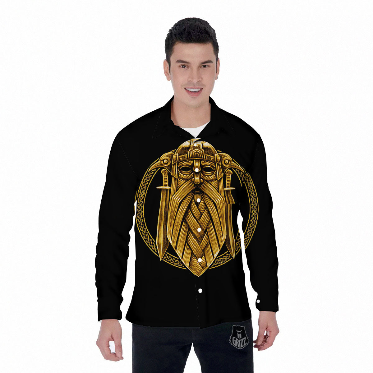 Norse God Odin Gold Viking Print Men's Long Sleeve Shirts-grizzshop