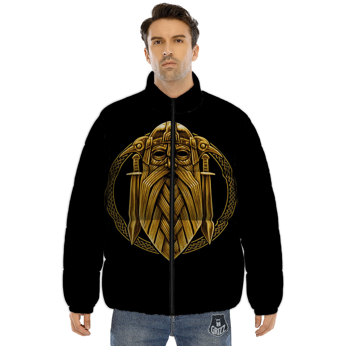 Norse God Odin Gold Viking Print Puffer Jacket-grizzshop