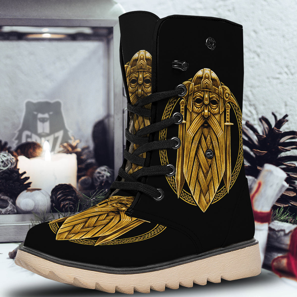 Norse God Odin Gold Viking Print Snow Boots-grizzshop